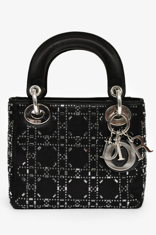 Christian Dior 2019 Black Satin Crystal Embellished Mini Lady Dior with Strap