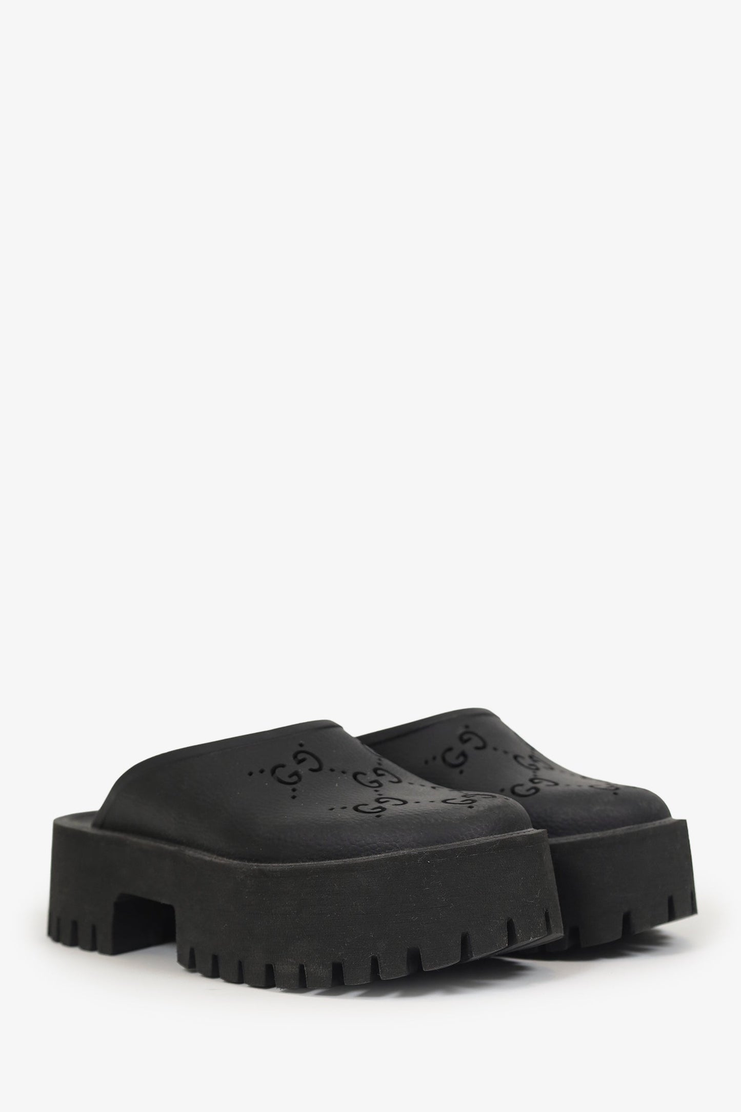 Gucci Black Rubber Perforated 'GG' Chunky Mules Size 38