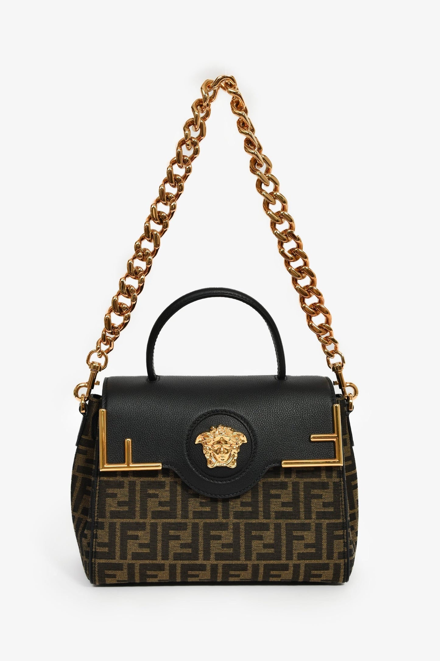 Fendi x Versace Black Leather/Zucca Top Handle Bag with Strap