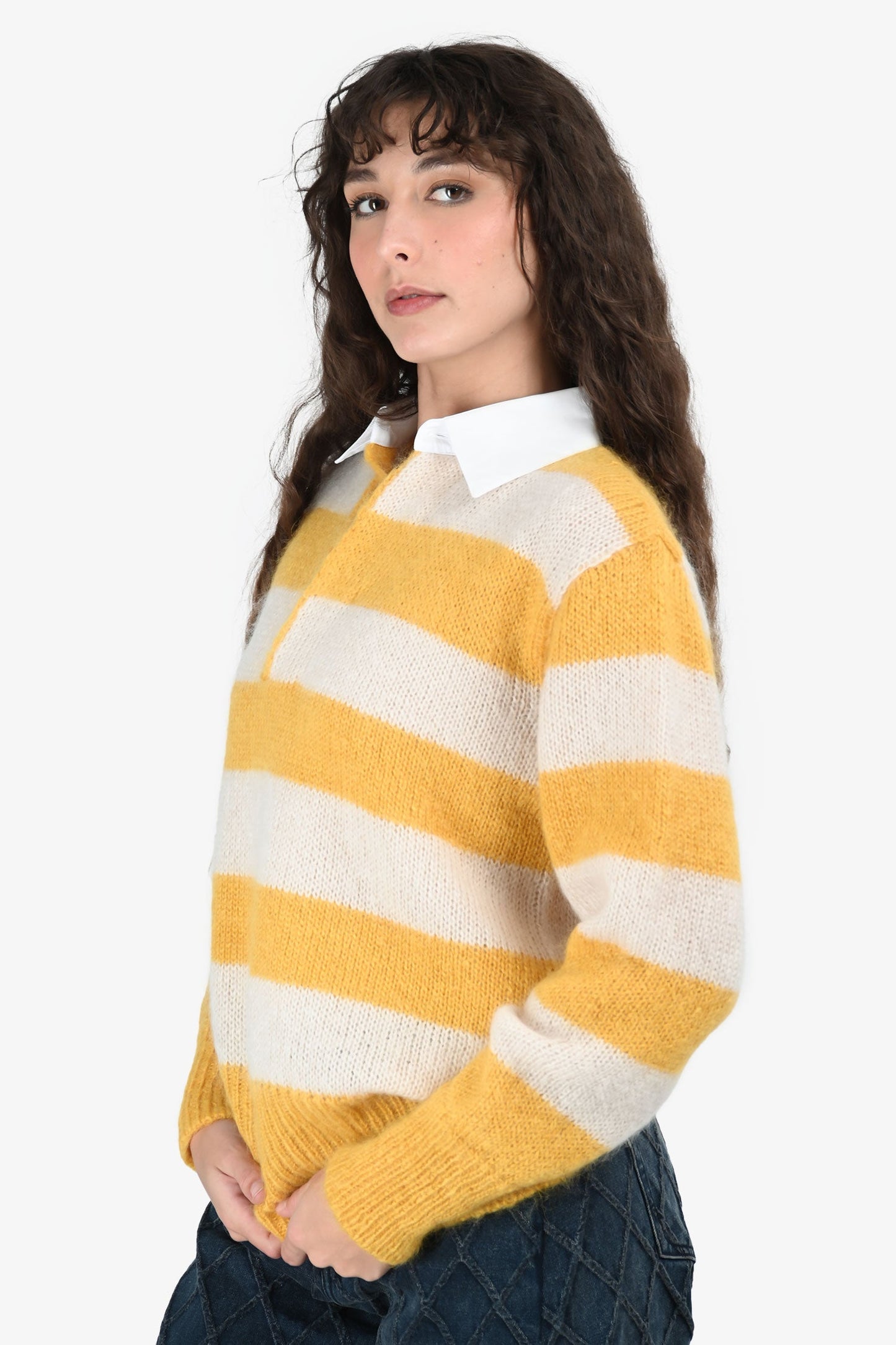 Fendi Yellow/White Stripe Mohair Polo Shirt Size 46