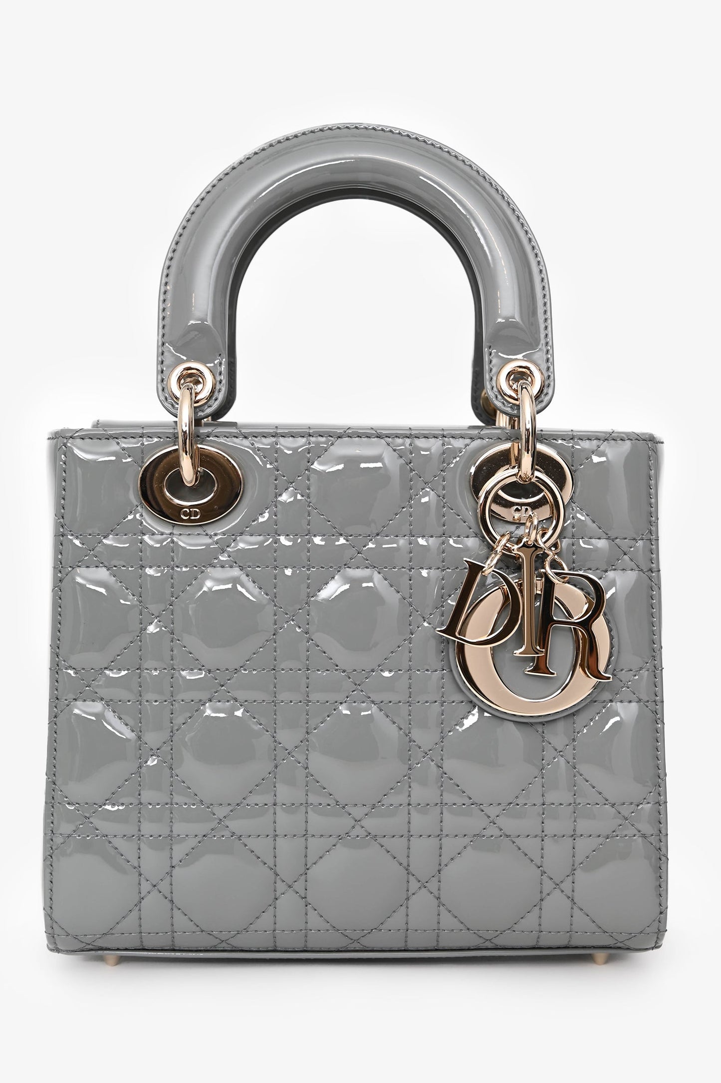 Christian Dior 2021 Grey Patent Leather Small Lady Dior Top Handle With Strap