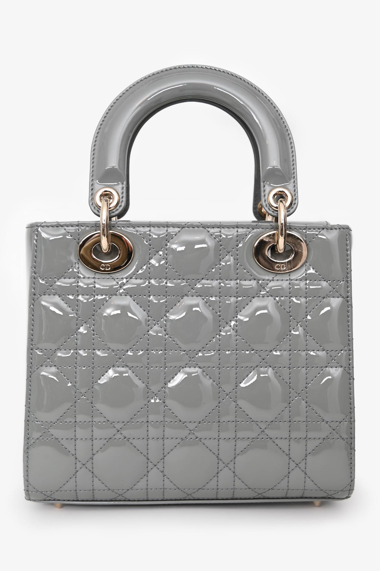 Christian Dior 2021 Grey Patent Leather Small Lady Dior Top Handle With Strap