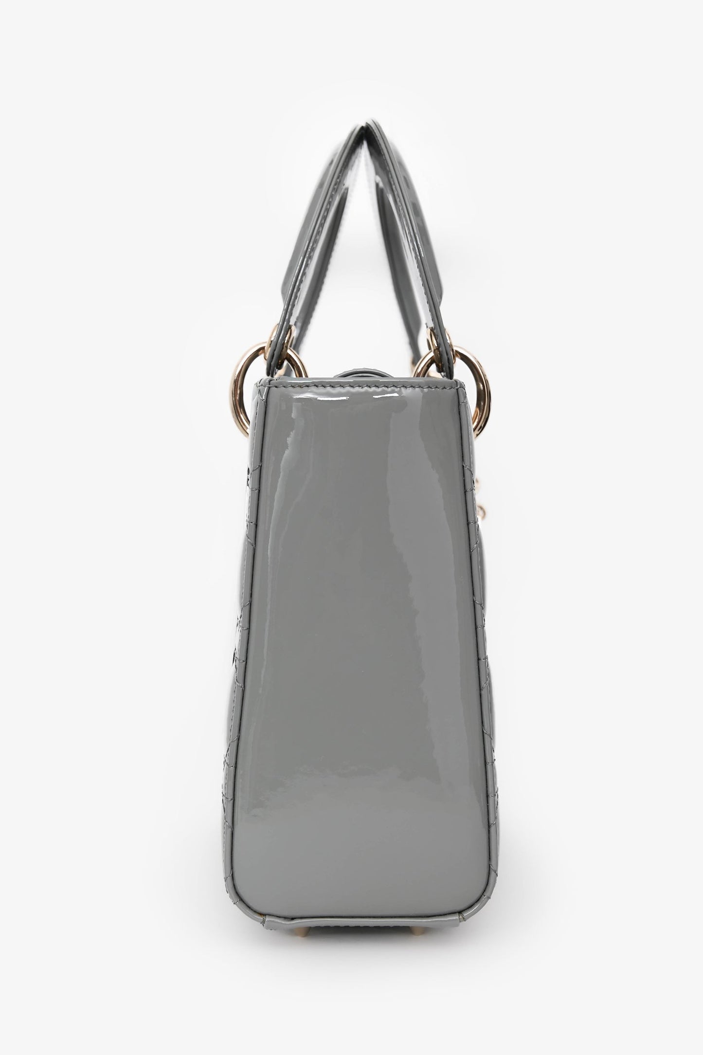 Christian Dior 2021 Grey Patent Leather Small Lady Dior Top Handle With Strap