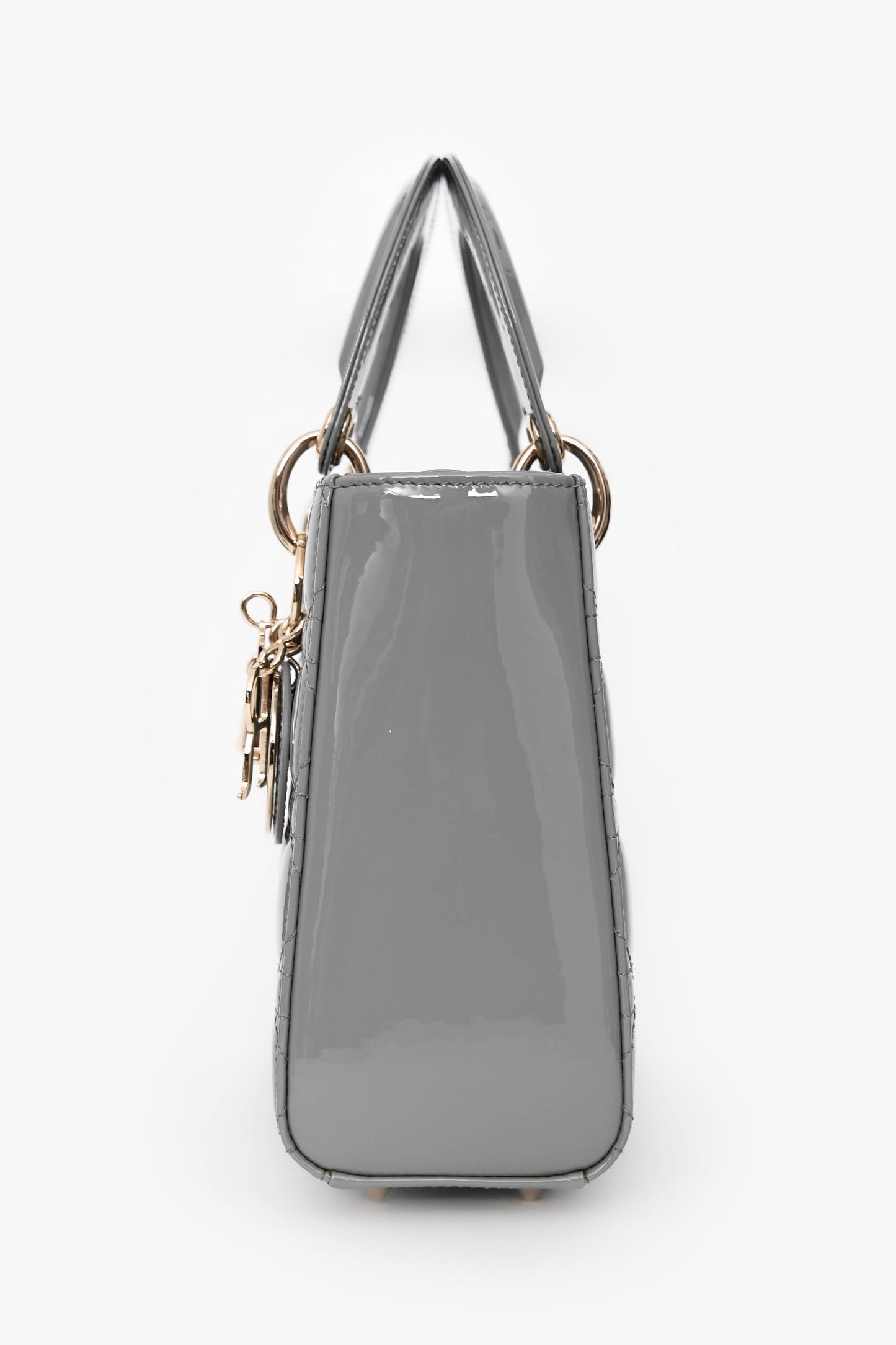 Christian Dior 2021 Grey Patent Leather Small Lady Dior Top Handle With Strap