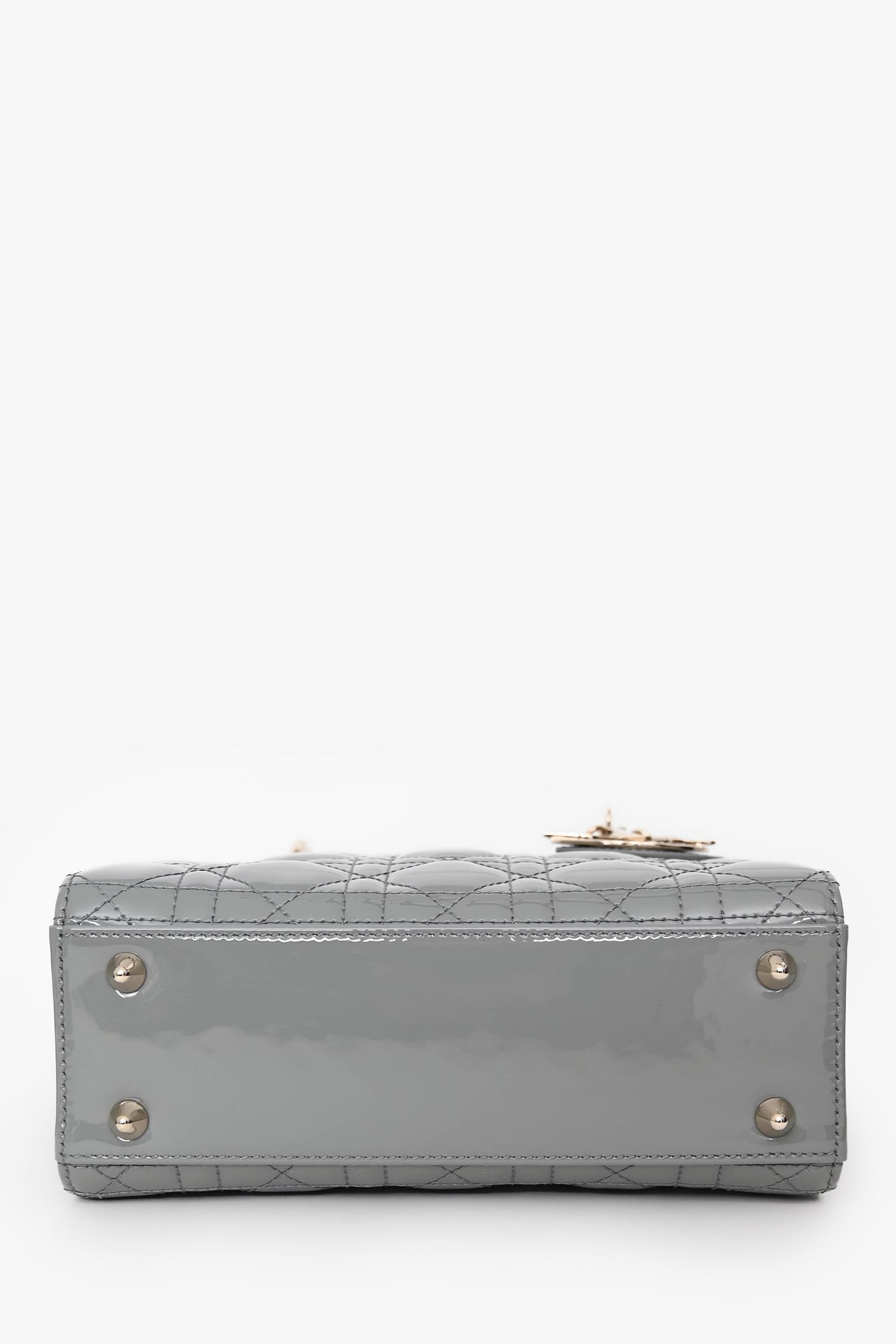 Christian Dior 2021 Grey Patent Leather Small Lady Dior Top Handle With Strap