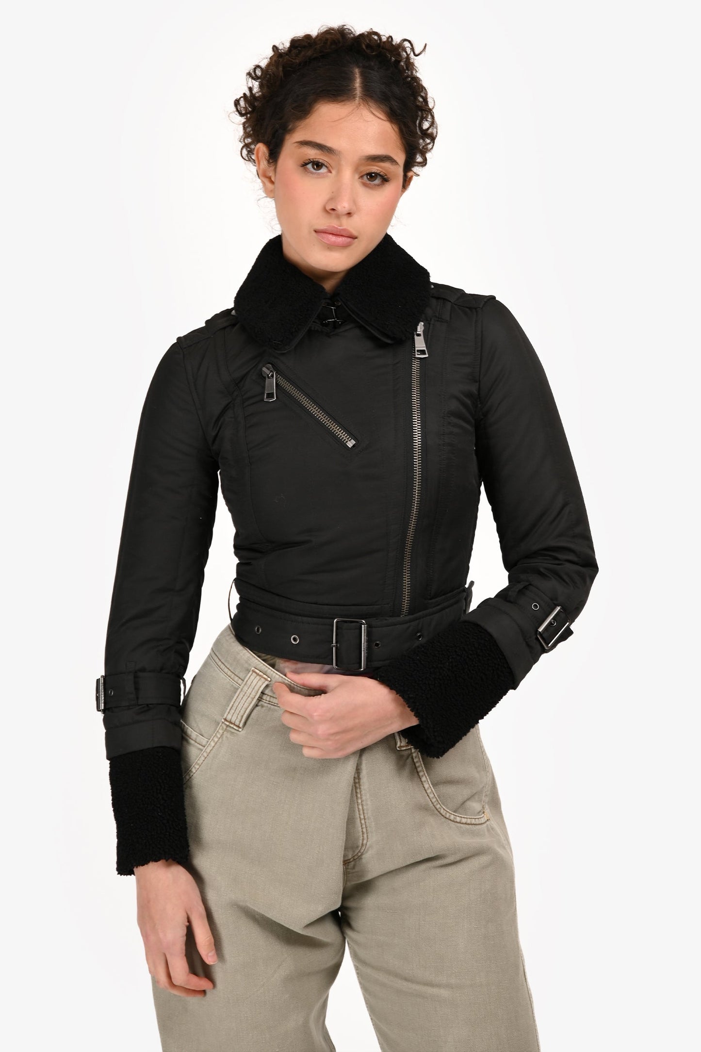 Burberry Brit Black Nylon Shearling-Trimmed Cropped Jacket Size 2
