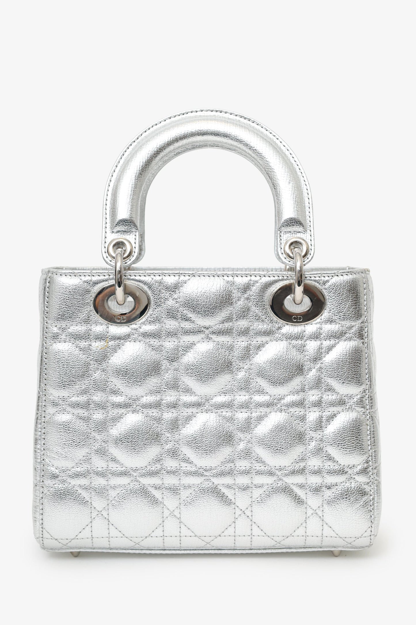 Christian Dior 2017 Silver Metallic Leather Cannage Small Lady Dior With Strap