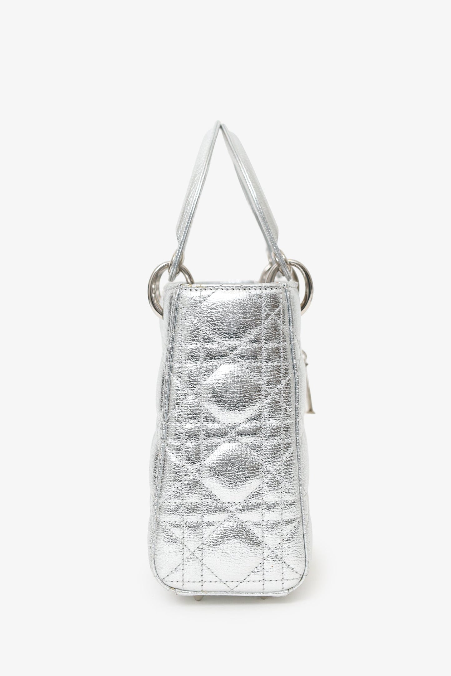 Christian Dior 2017 Silver Metallic Leather Cannage Small Lady Dior With Strap