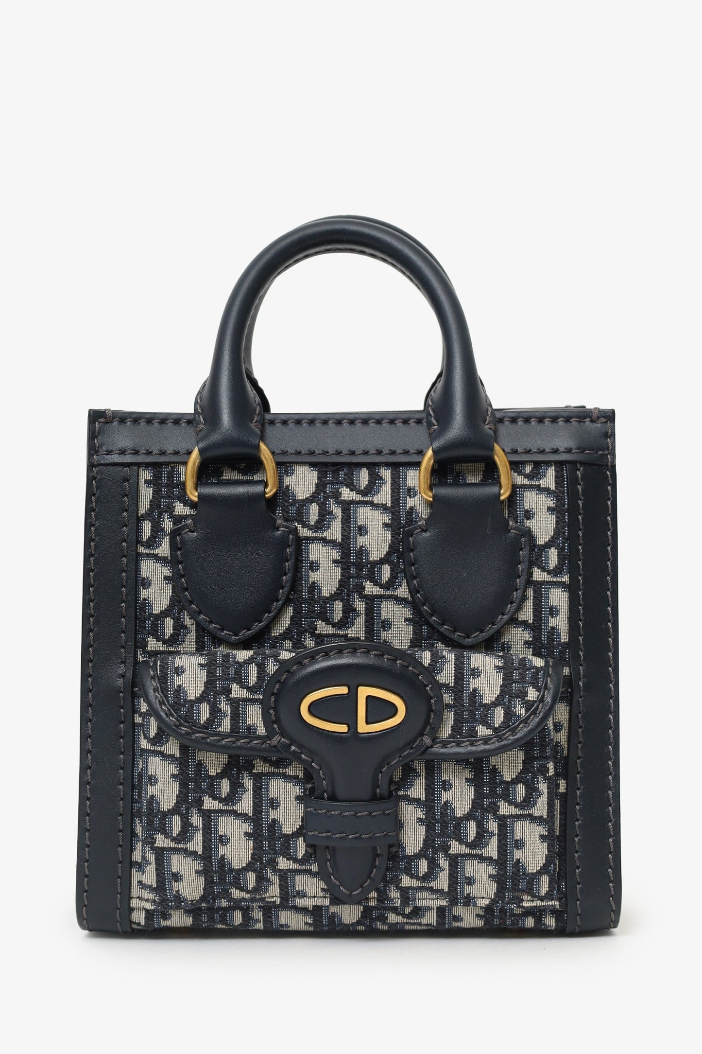 Christian Dior Navy Canvas/Leather Oblique Mini Tote Bag With Strap