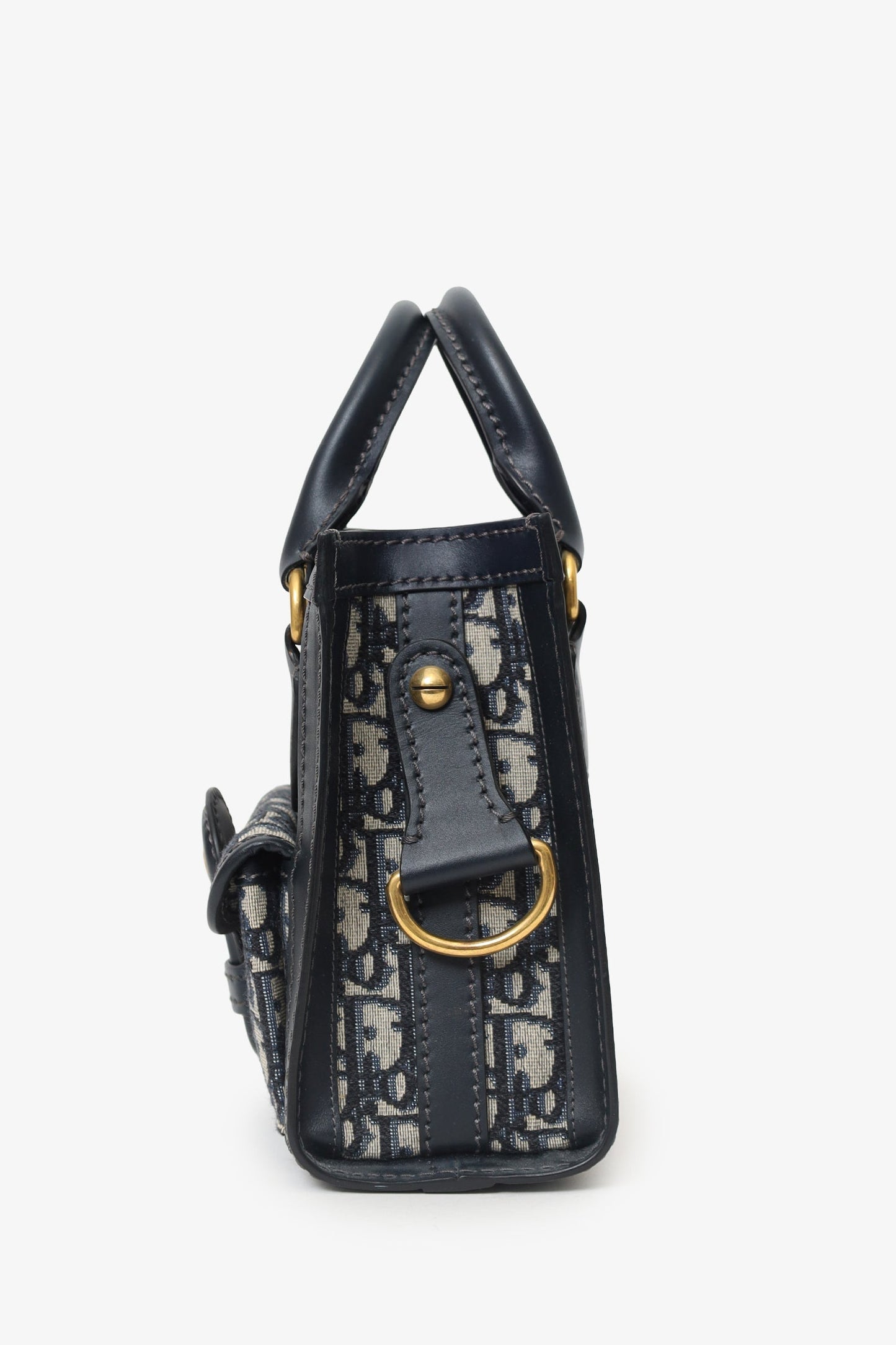 Christian Dior Navy Canvas/Leather Oblique Mini Tote Bag With Strap