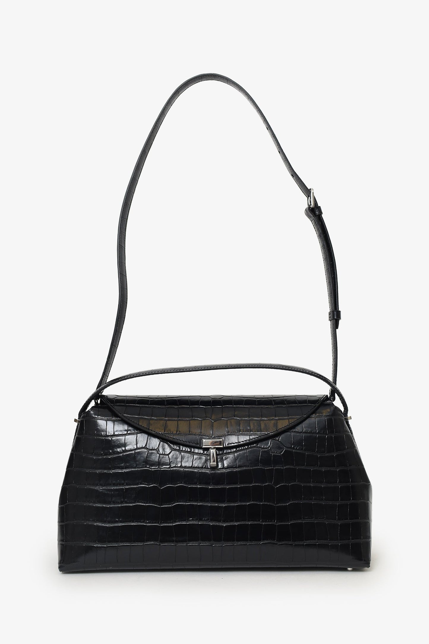 Toteme Black Embossed Leather T-Lock Top Handle Bag With Strap