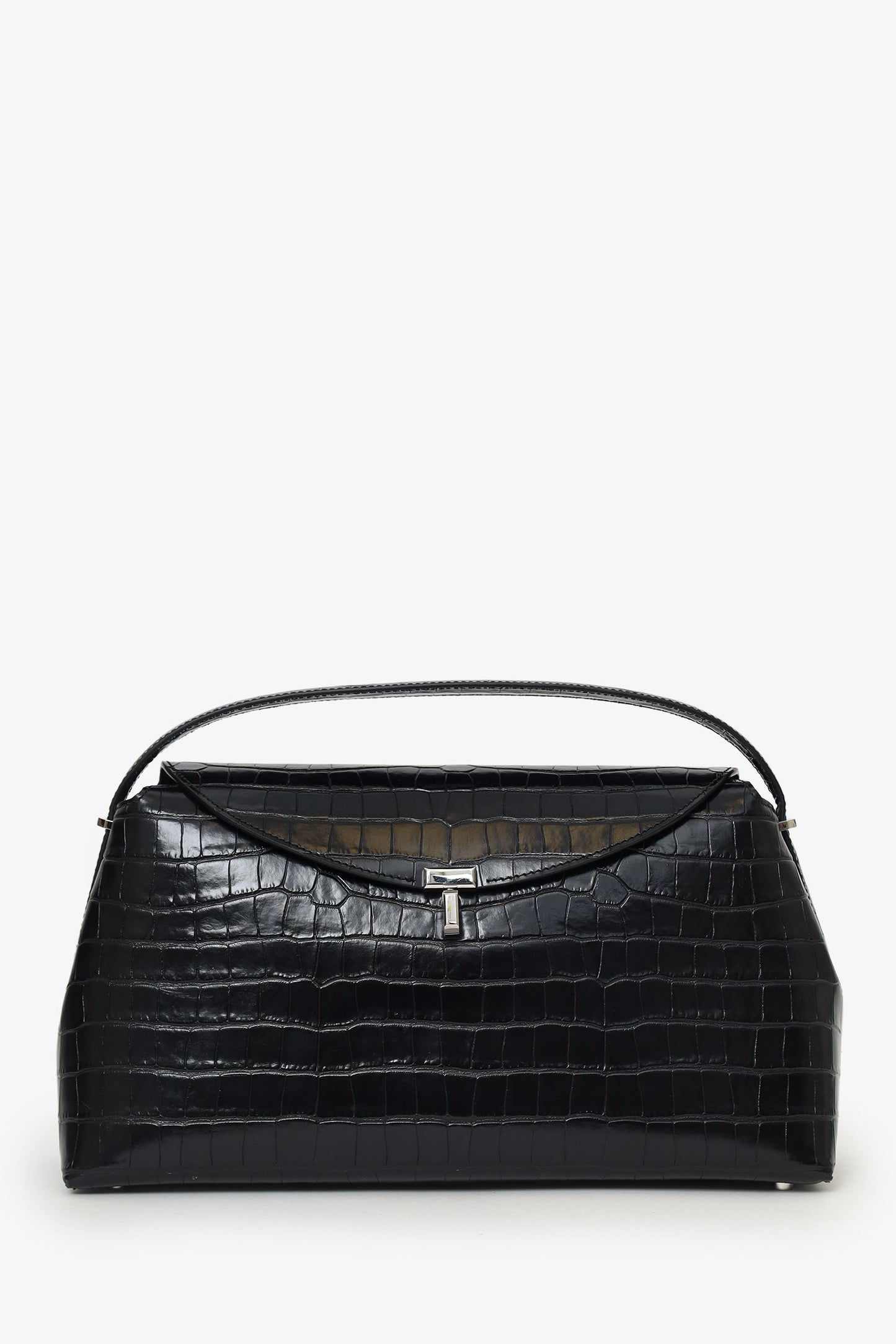 Toteme Black Embossed Leather T-Lock Top Handle Bag With Strap