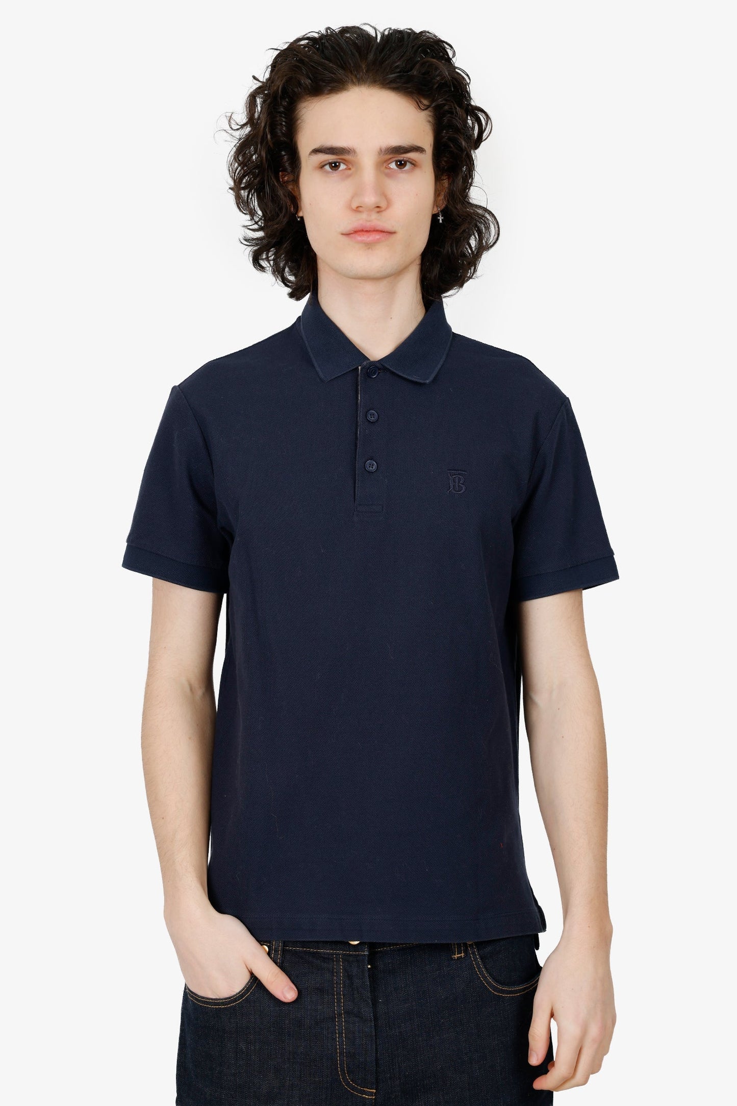 Burberry Navy Polo 'TB' Embroidered Top Size M Mens