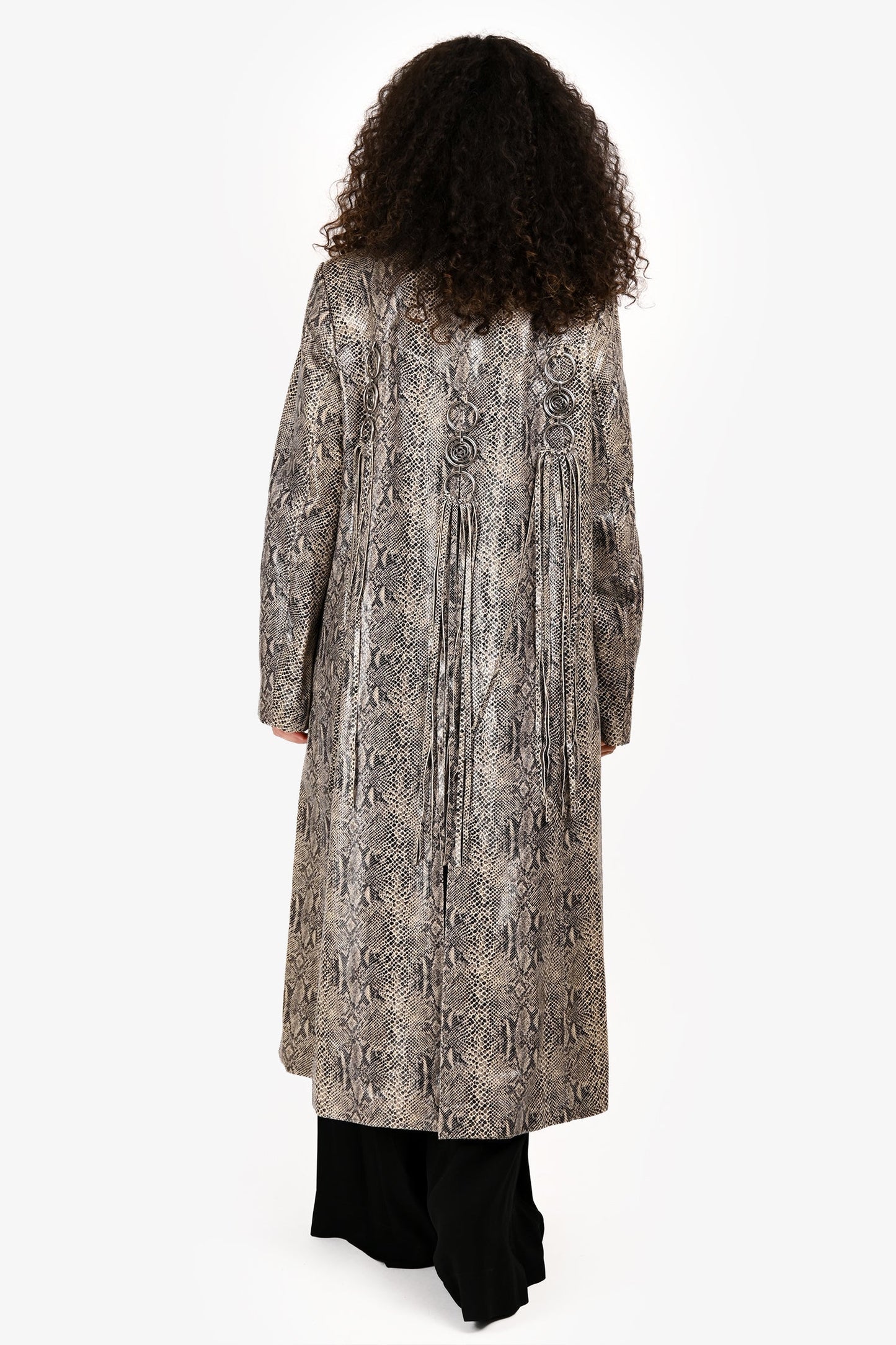 Gucci 2020 Grey Python Print Fringe Trim Trench Coat Size 44