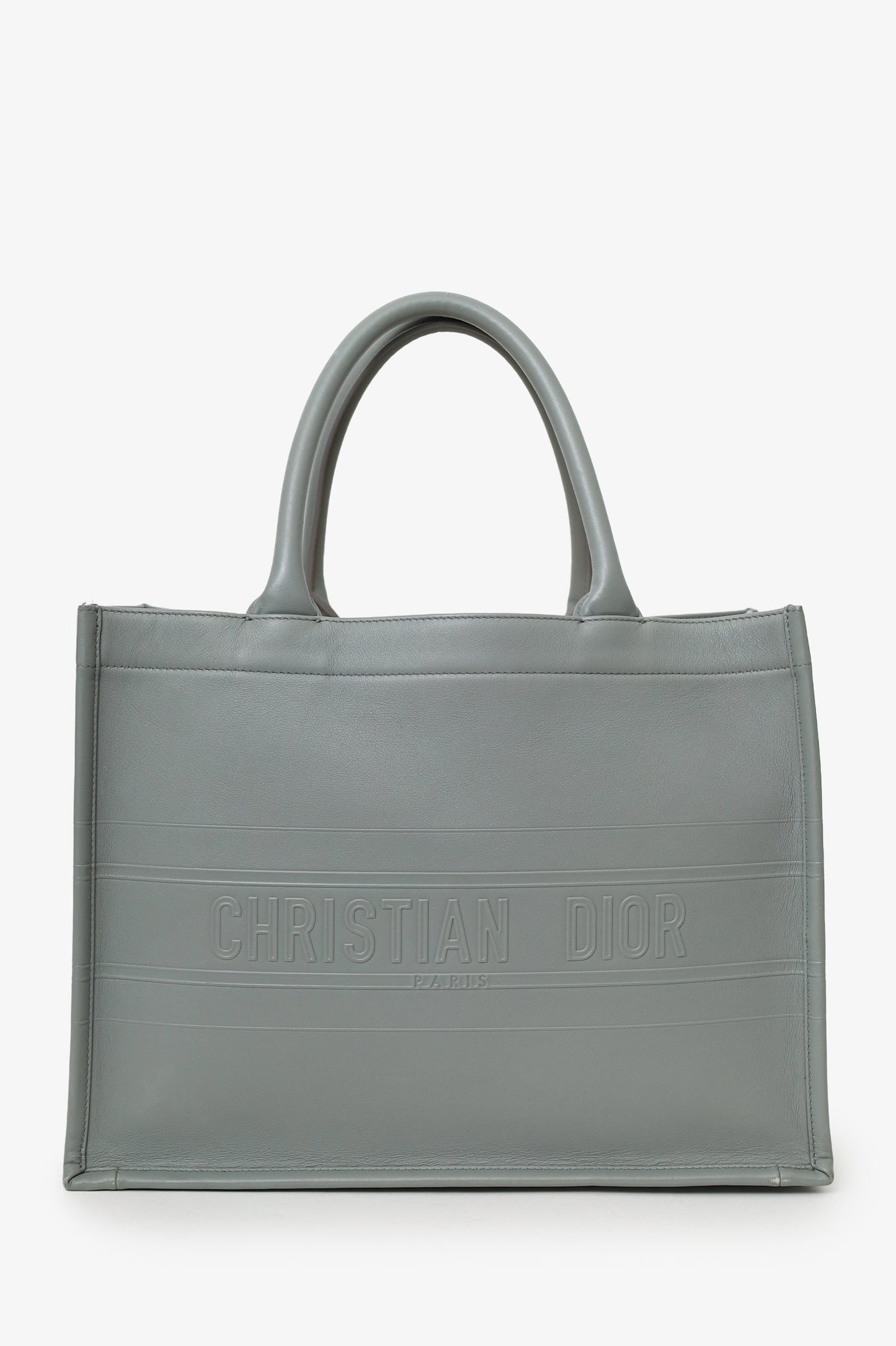 Christian Dior Grey Leather 'Christian Dior' Embossed Medium Book Tote