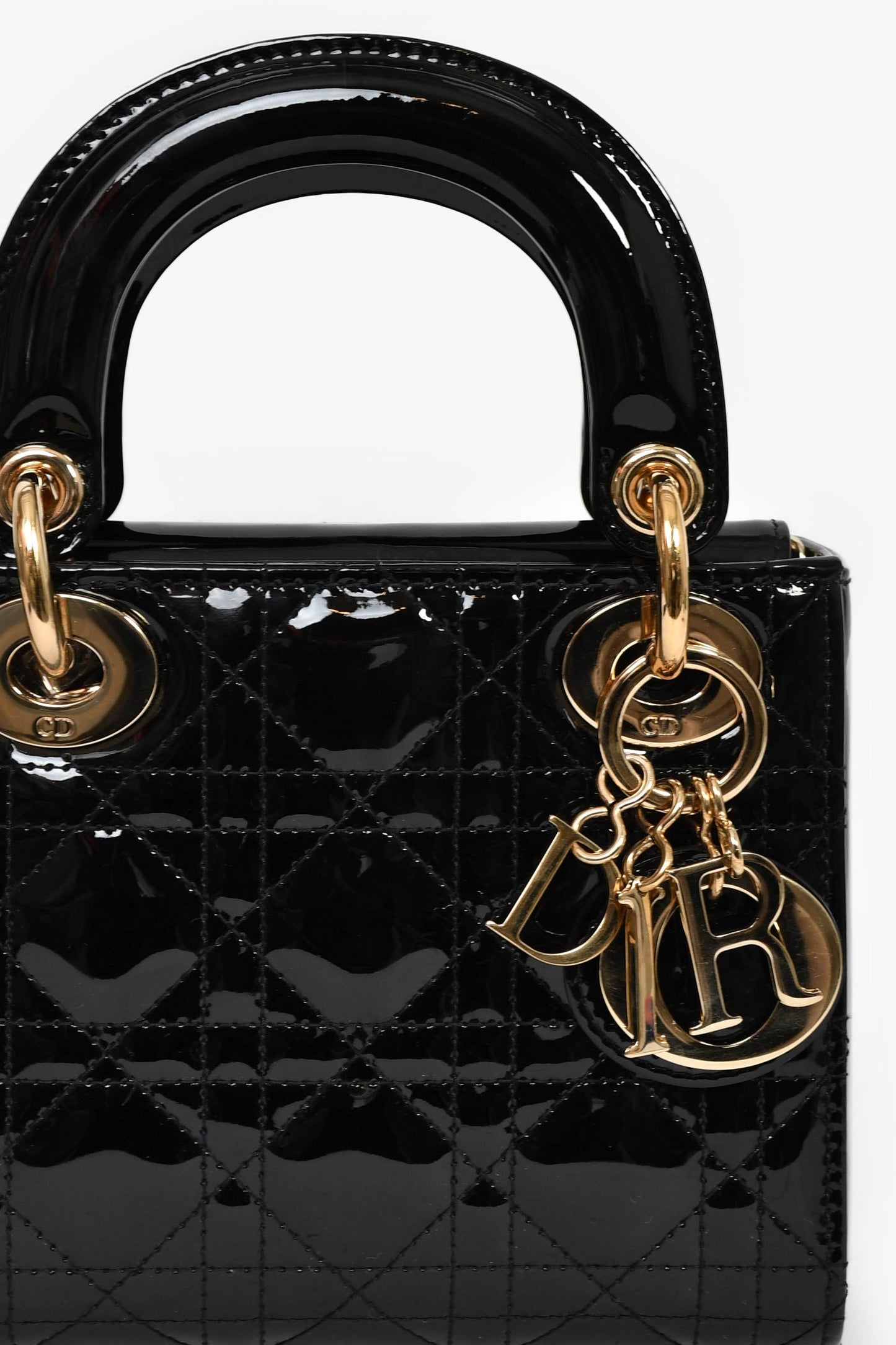 Christian Dior 2020 Black Patent Leather Mini Lady Dior Bag with Strap