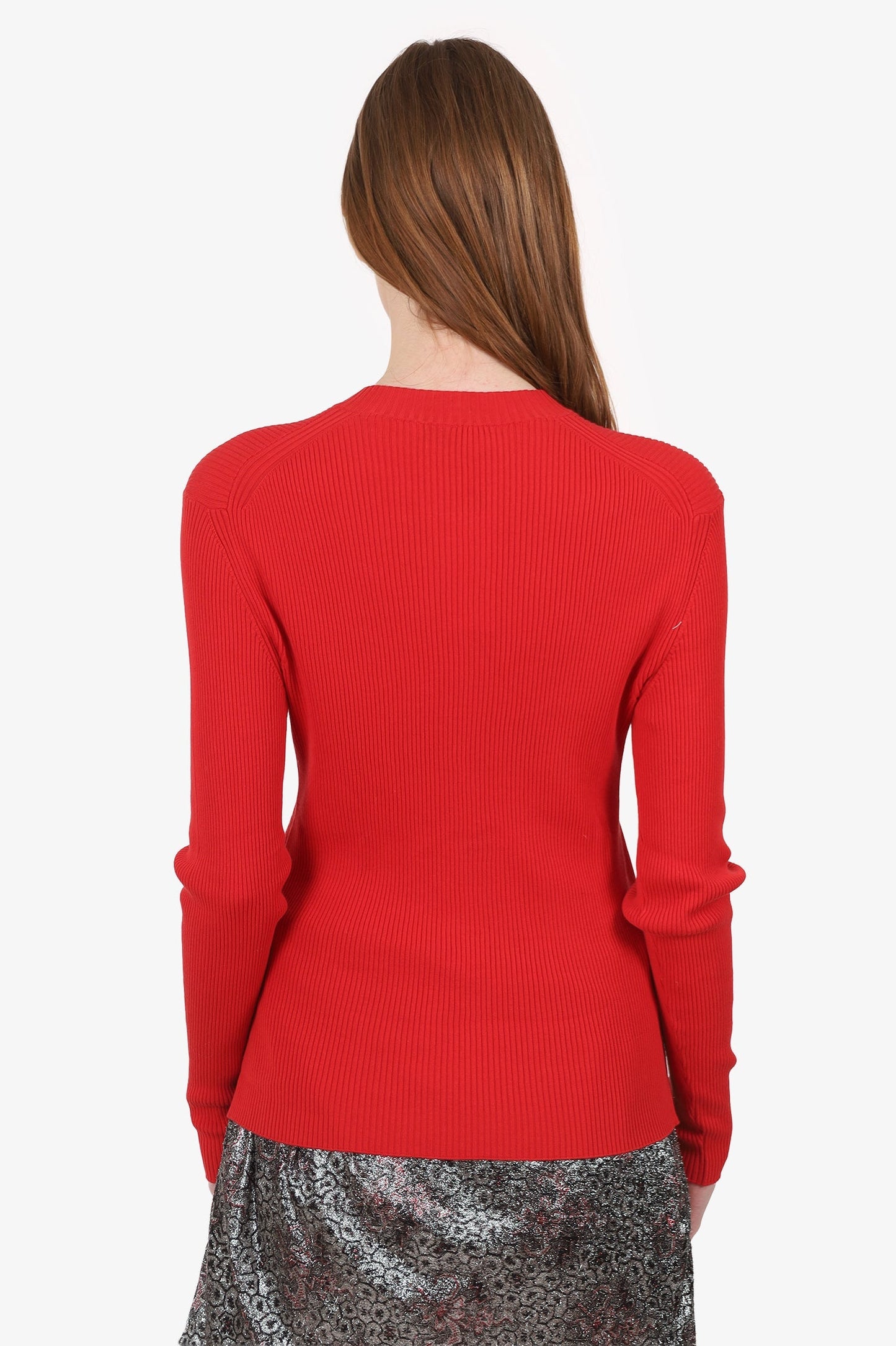 Fendi Red Ribbed Knit/Leather Flower Button Cardigan Size 42