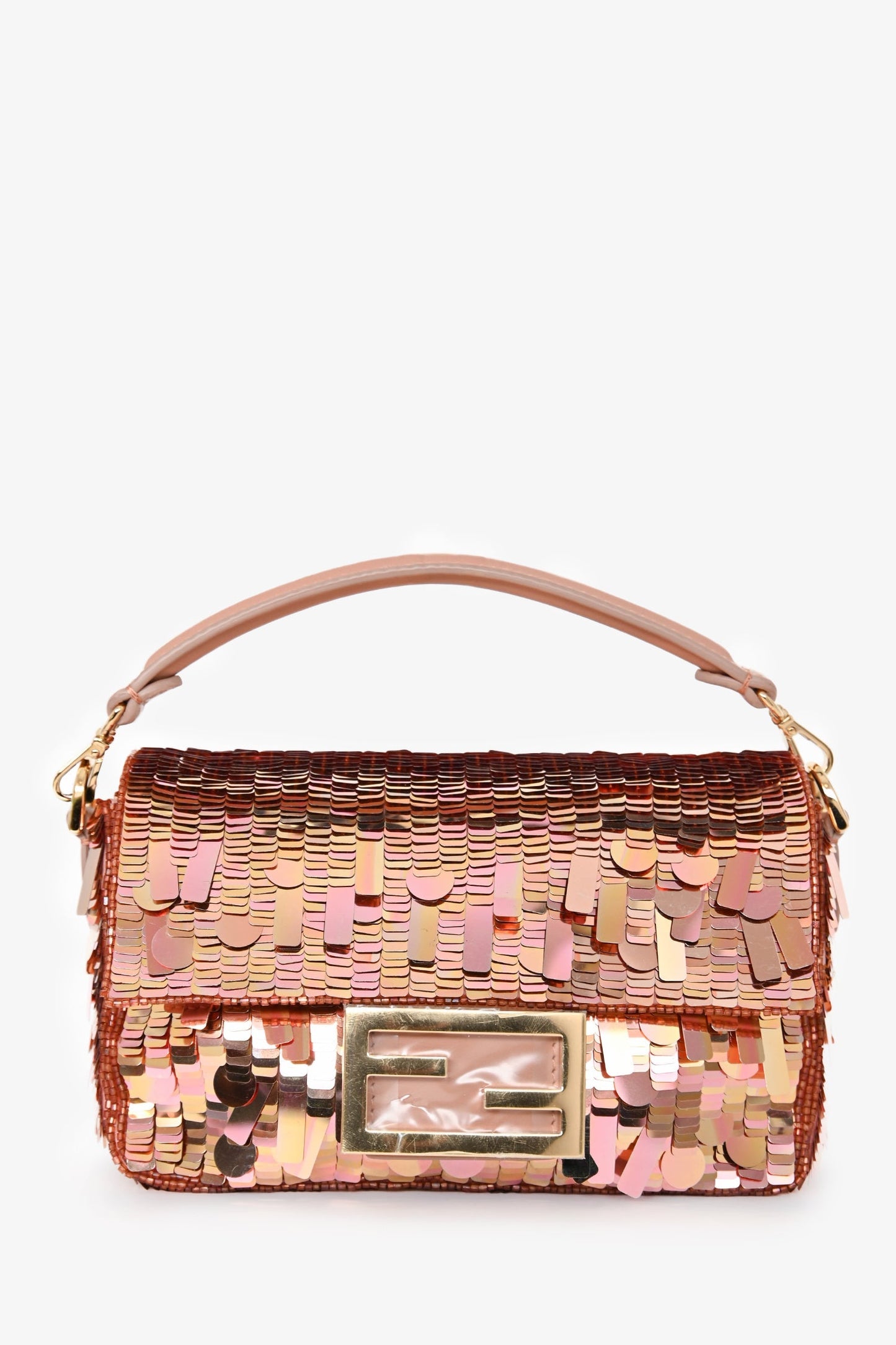 Fendi Pink Sequin FF Mini Baguette Bag With Strap