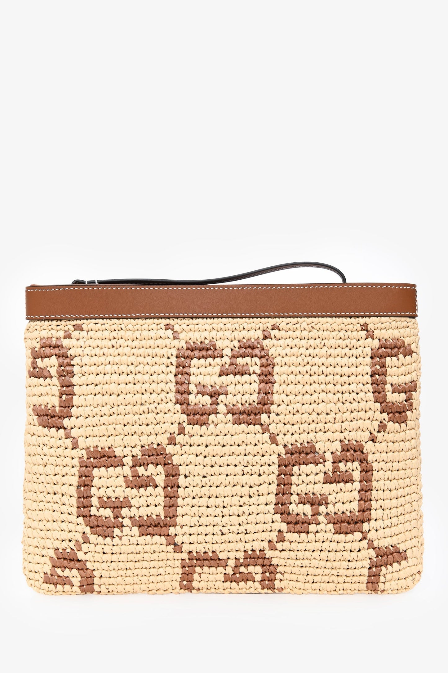 Gucci Brown Raffia Monogram Leather Trim Large Zip Wristlet