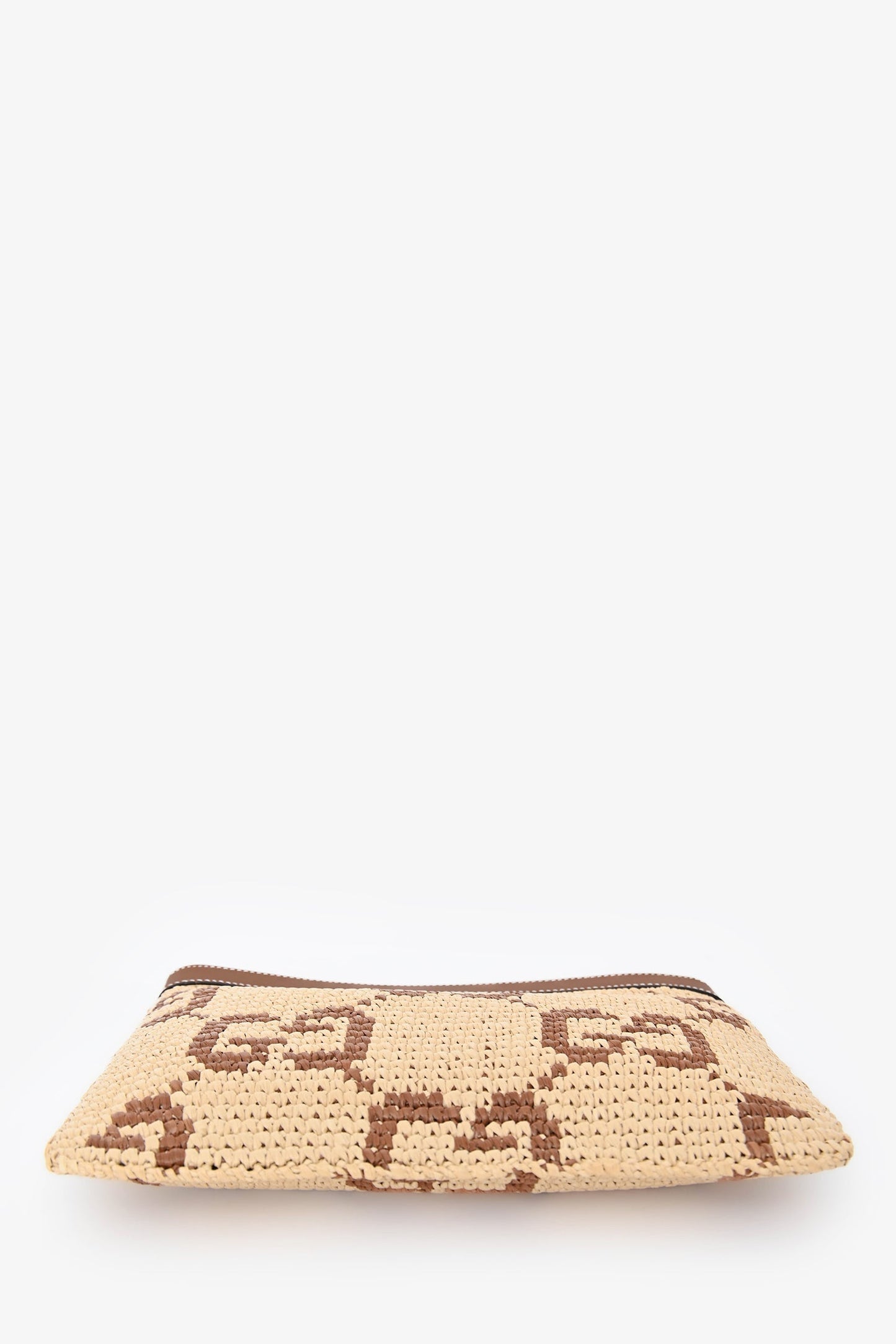 Gucci Brown Raffia Monogram Leather Trim Large Zip Wristlet