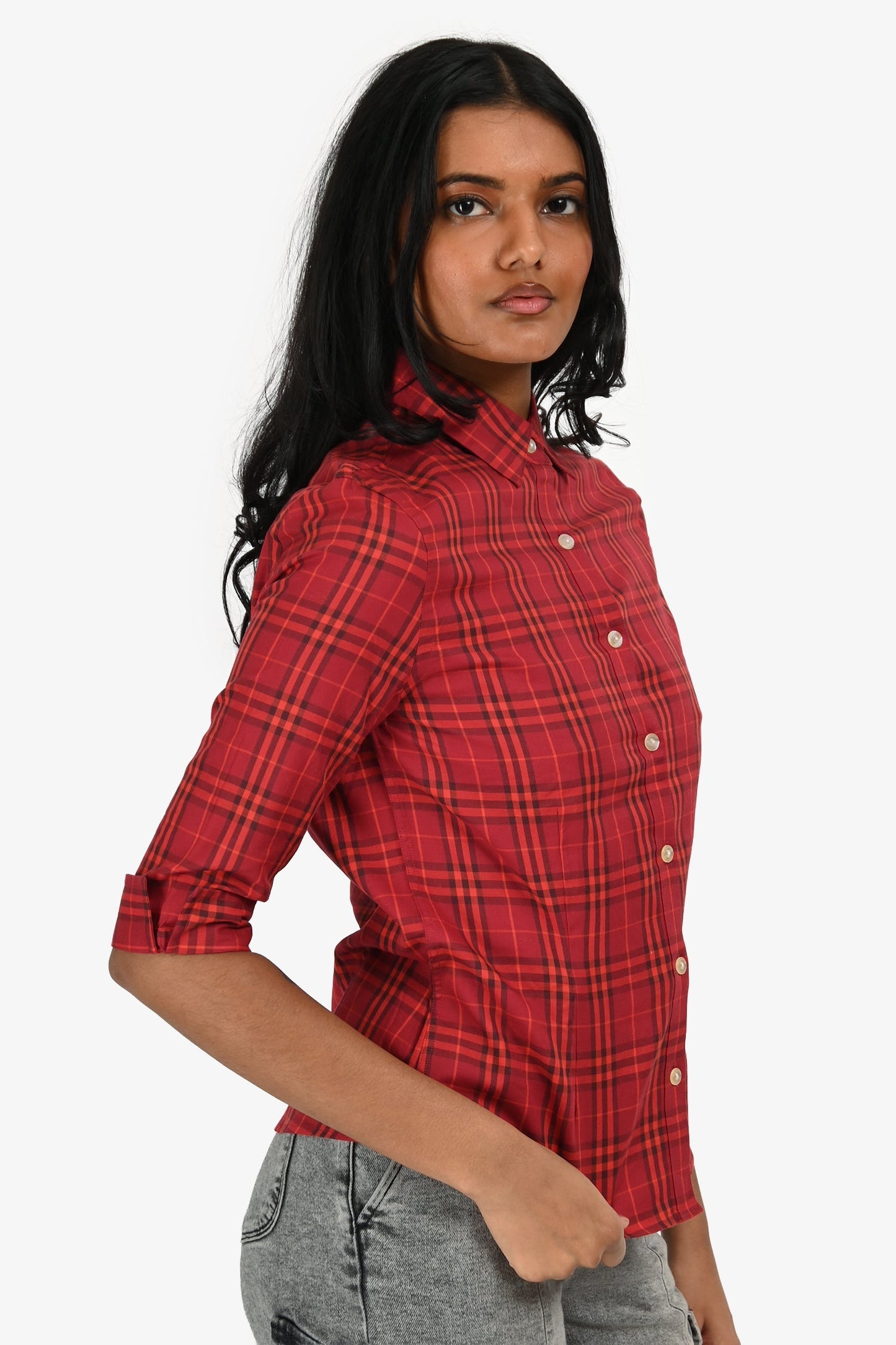 Burberry Red Cotton Nova Check Quarter Sleeve Button Down Shirt Size S