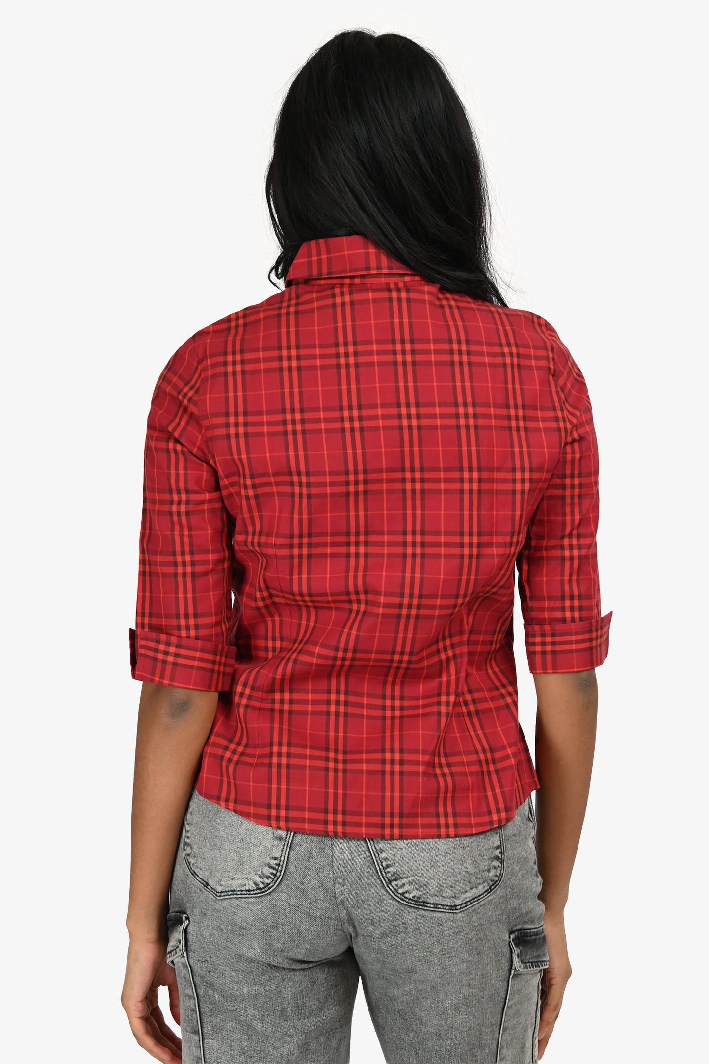 Burberry Red Cotton Nova Check Quarter Sleeve Button Down Shirt Size S