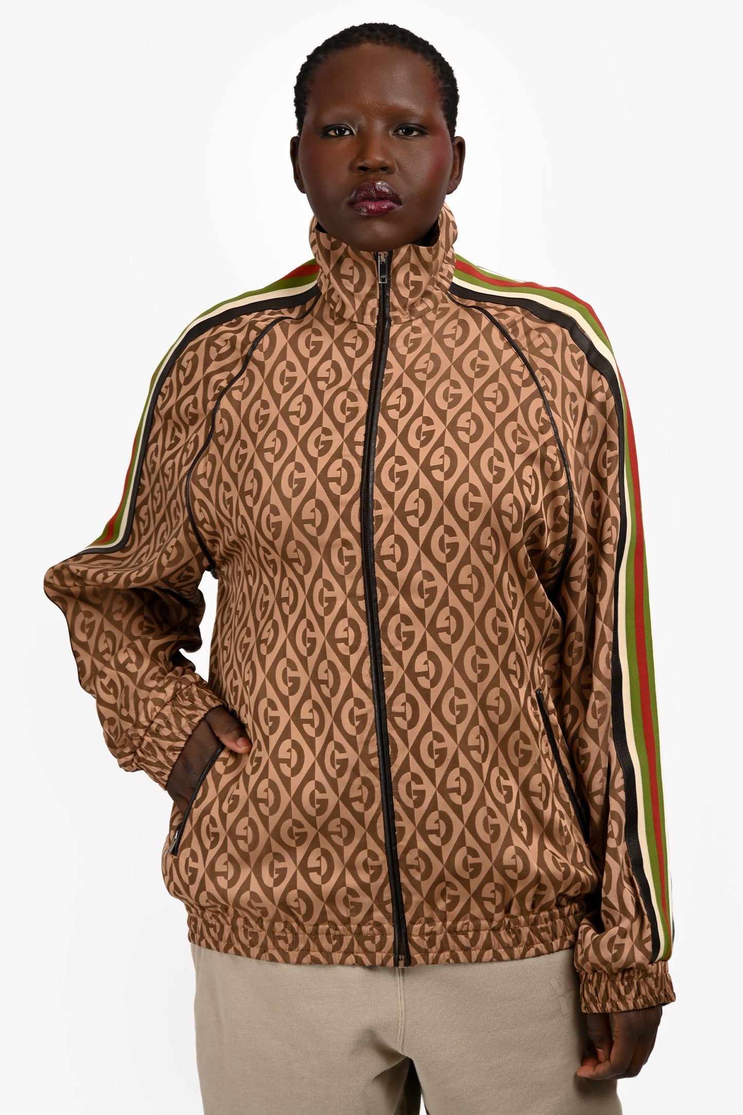 Gucci Brown/Multicolour GG Pattered Collared Bomber Jacket Size M