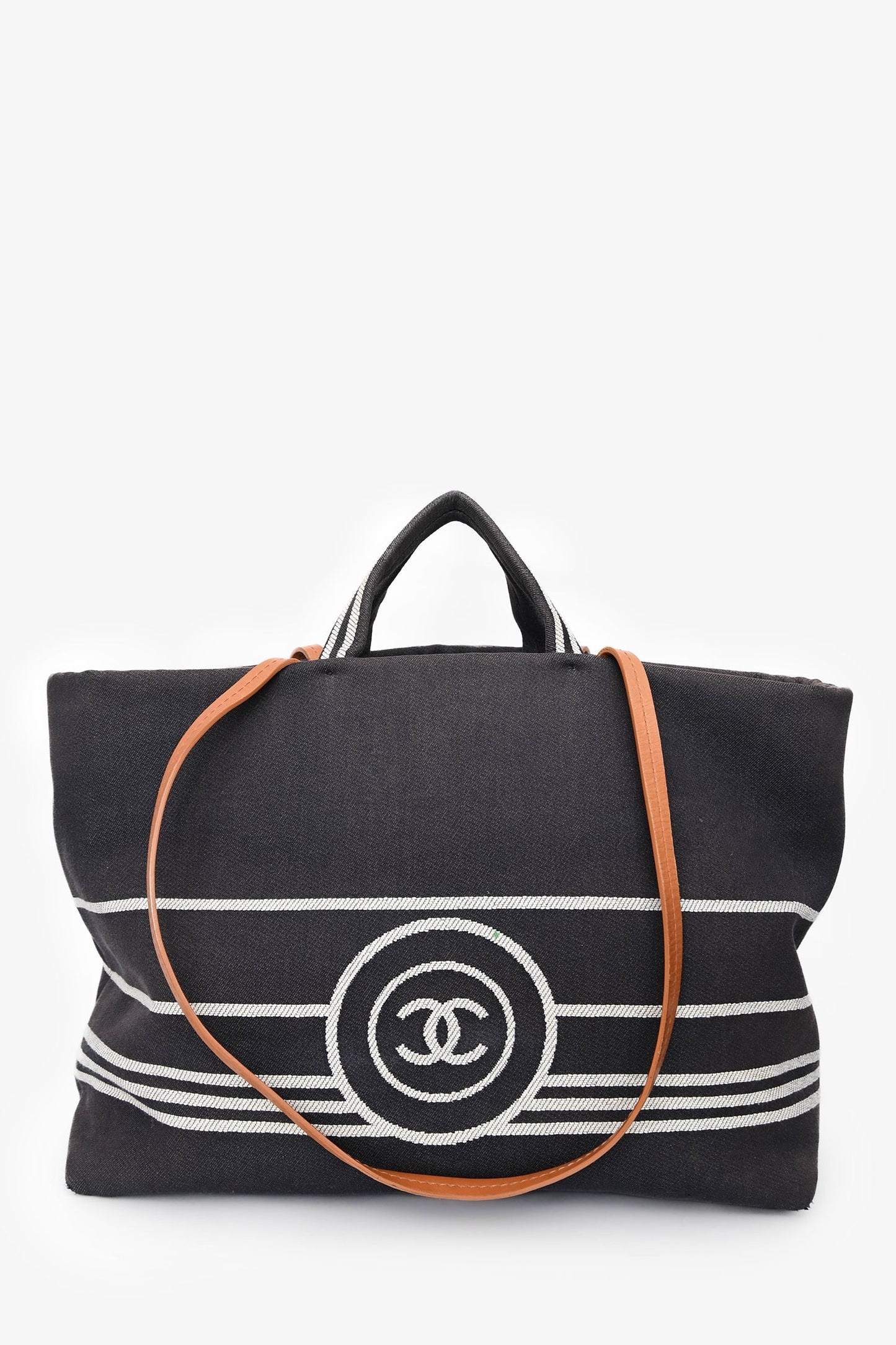 Chanel 2014 Blue/White Striped Denim CC 2 Way Shopper Tote Bag