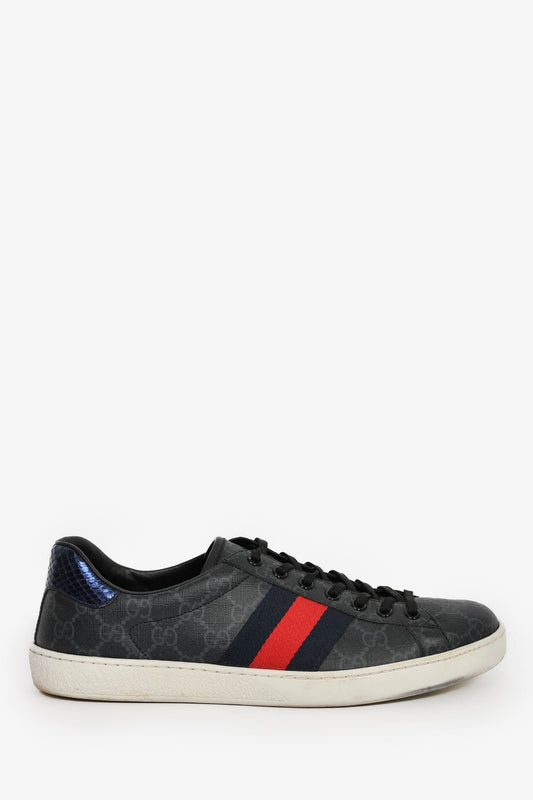 Gucci Grey Canvas GG Supreme Web Snake Embossed Detail 'Ace' Sneakers Size 8.5 Mens