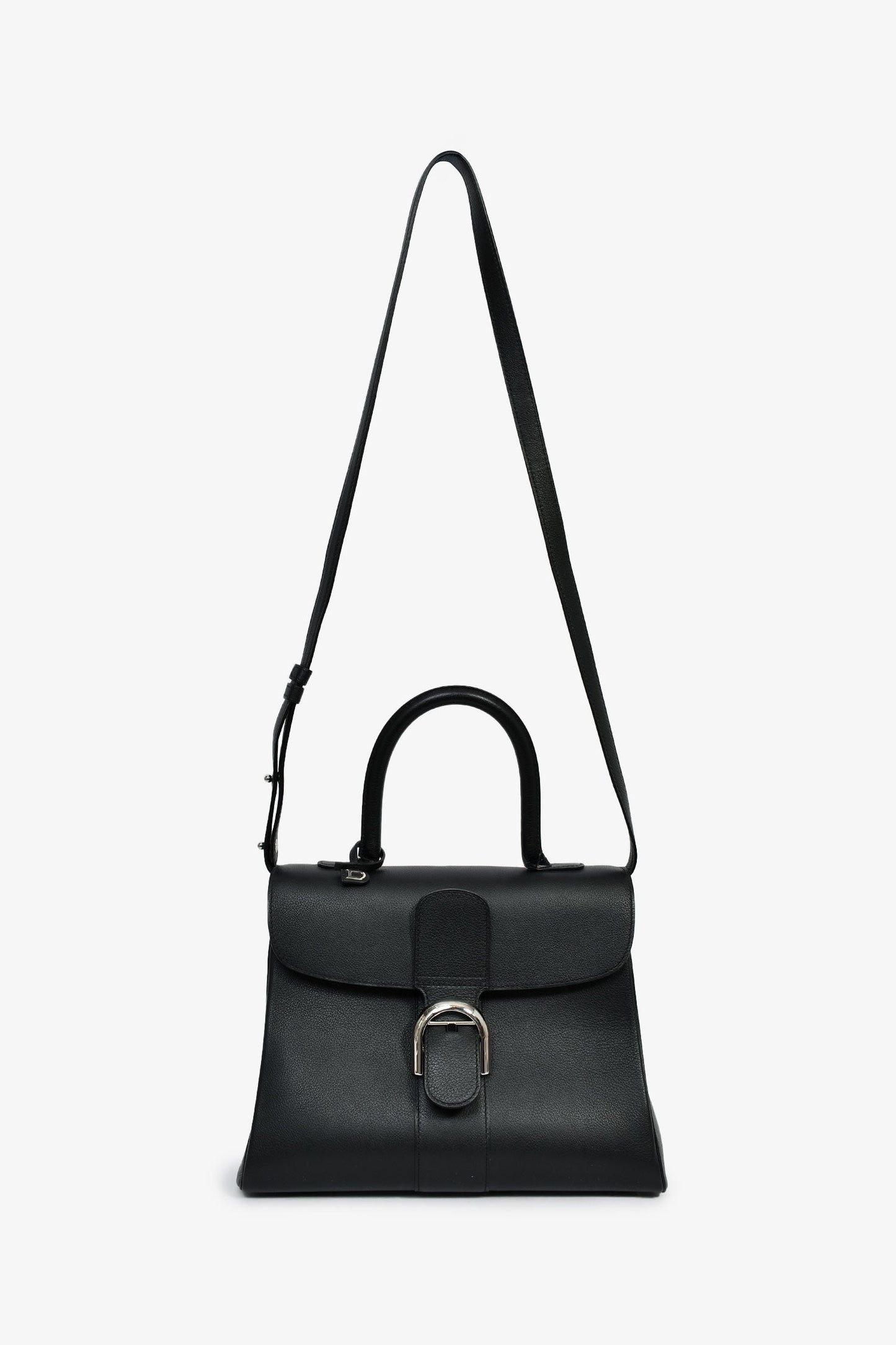 Delvaux Black Leather Brillant MM Top Handle Bag with Strap