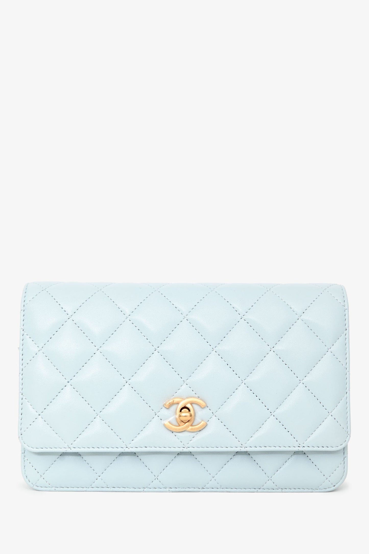Chanel™ Light Blue Leather Quilted CC Pearl Crush Wallet On Chain