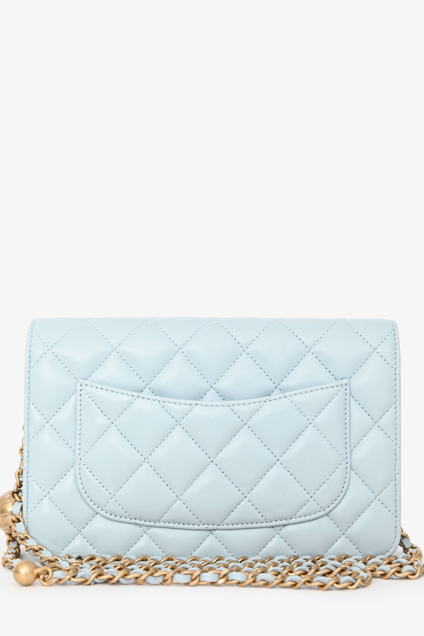 Chanel™ Light Blue Leather Quilted CC Pearl Crush Wallet On Chain