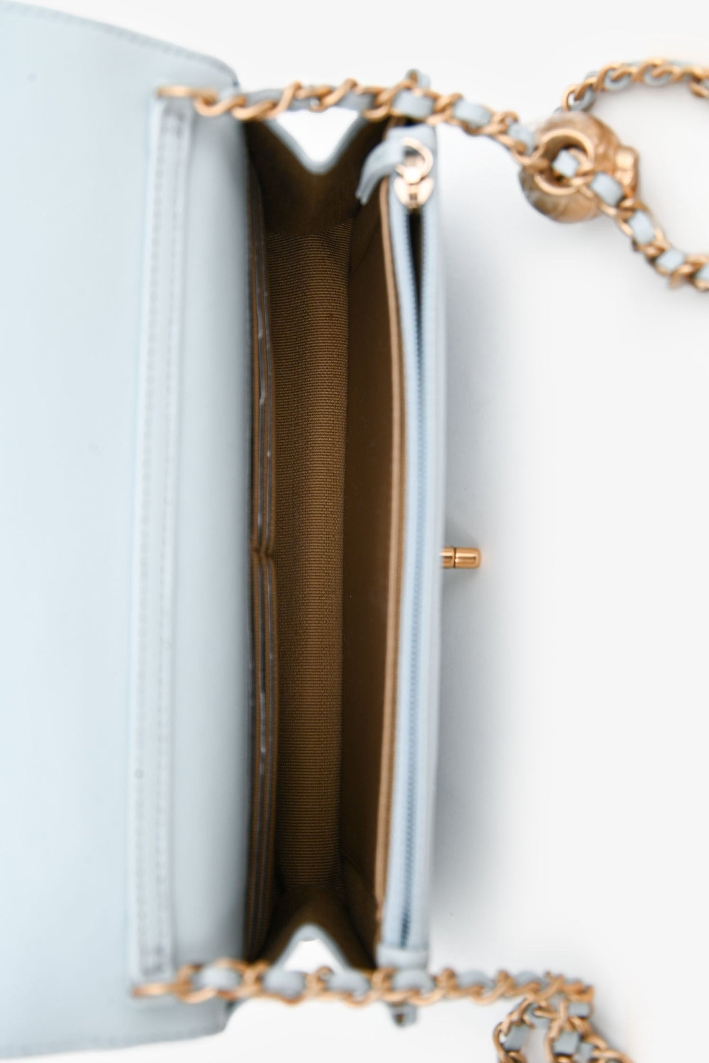 Chanel™ Light Blue Leather Quilted CC Pearl Crush Wallet On Chain