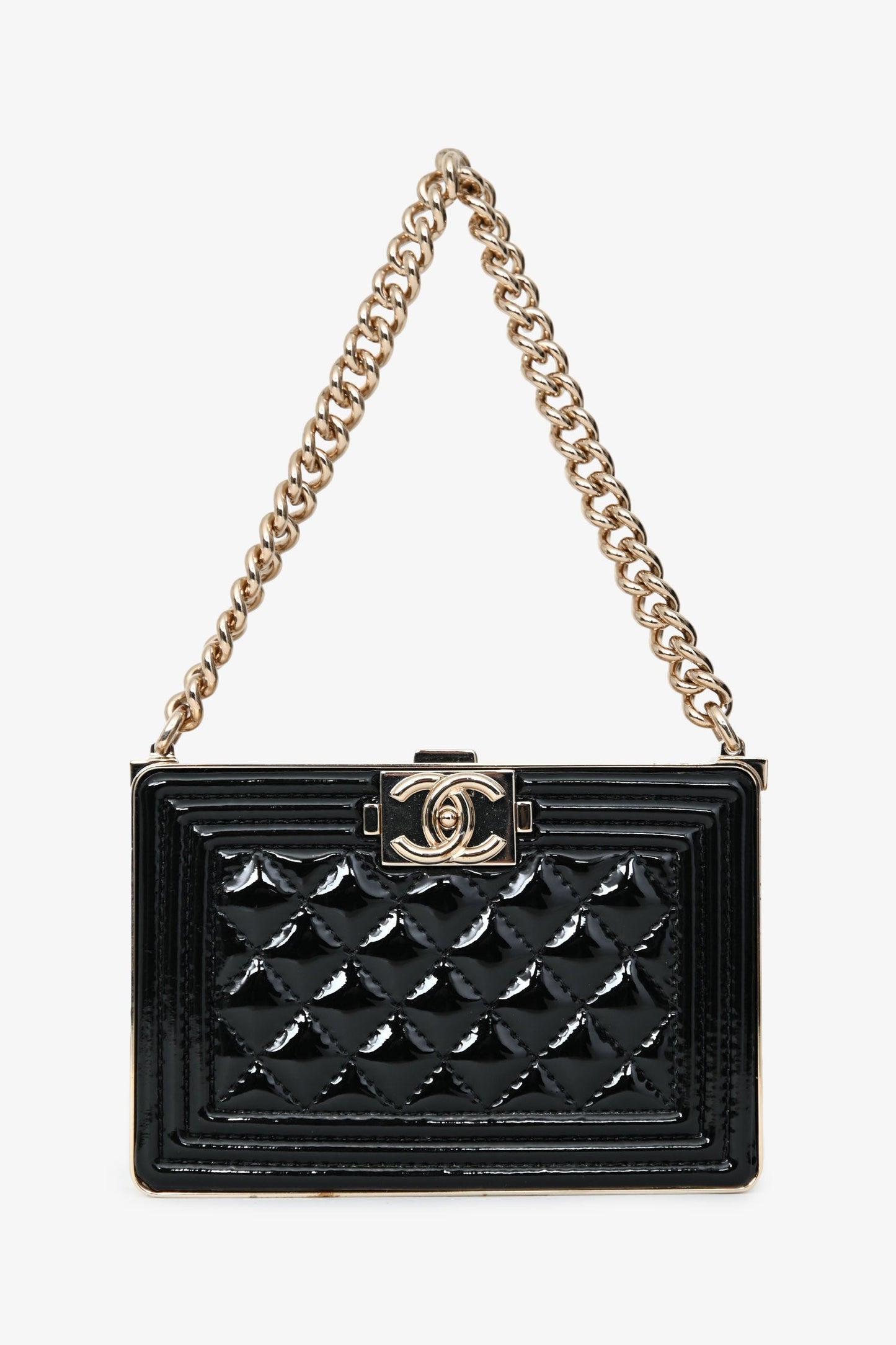 Chanel™ Black Patent Calfskin 'Minaudiere' Chain Box Boy Bag