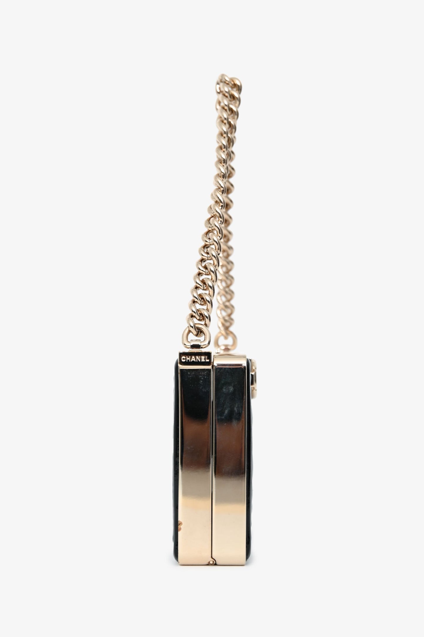 Chanel™ Black Patent Calfskin 'Minaudiere' Chain Box Boy Bag