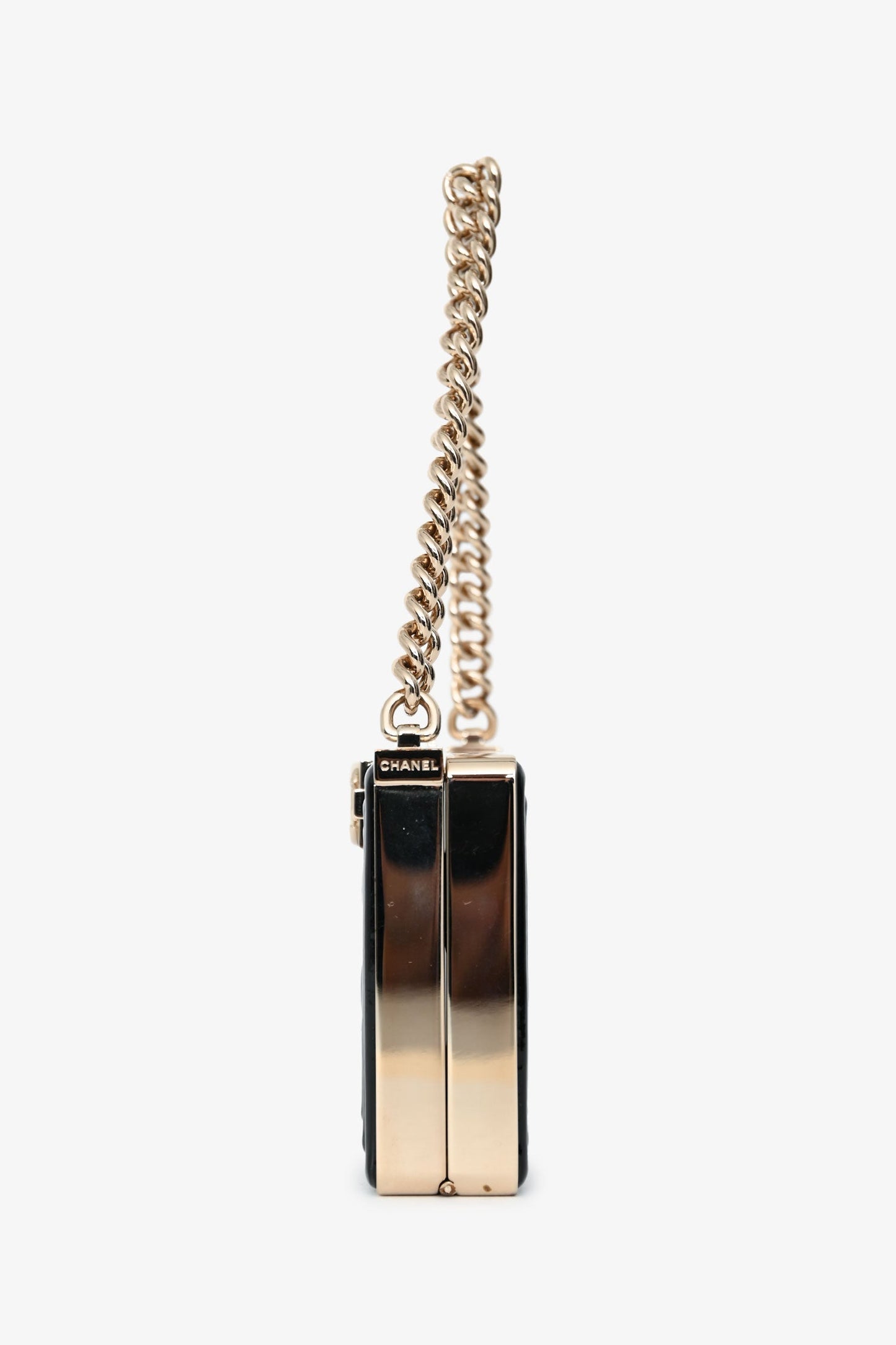 Chanel™ Black Patent Calfskin 'Minaudiere' Chain Box Boy Bag