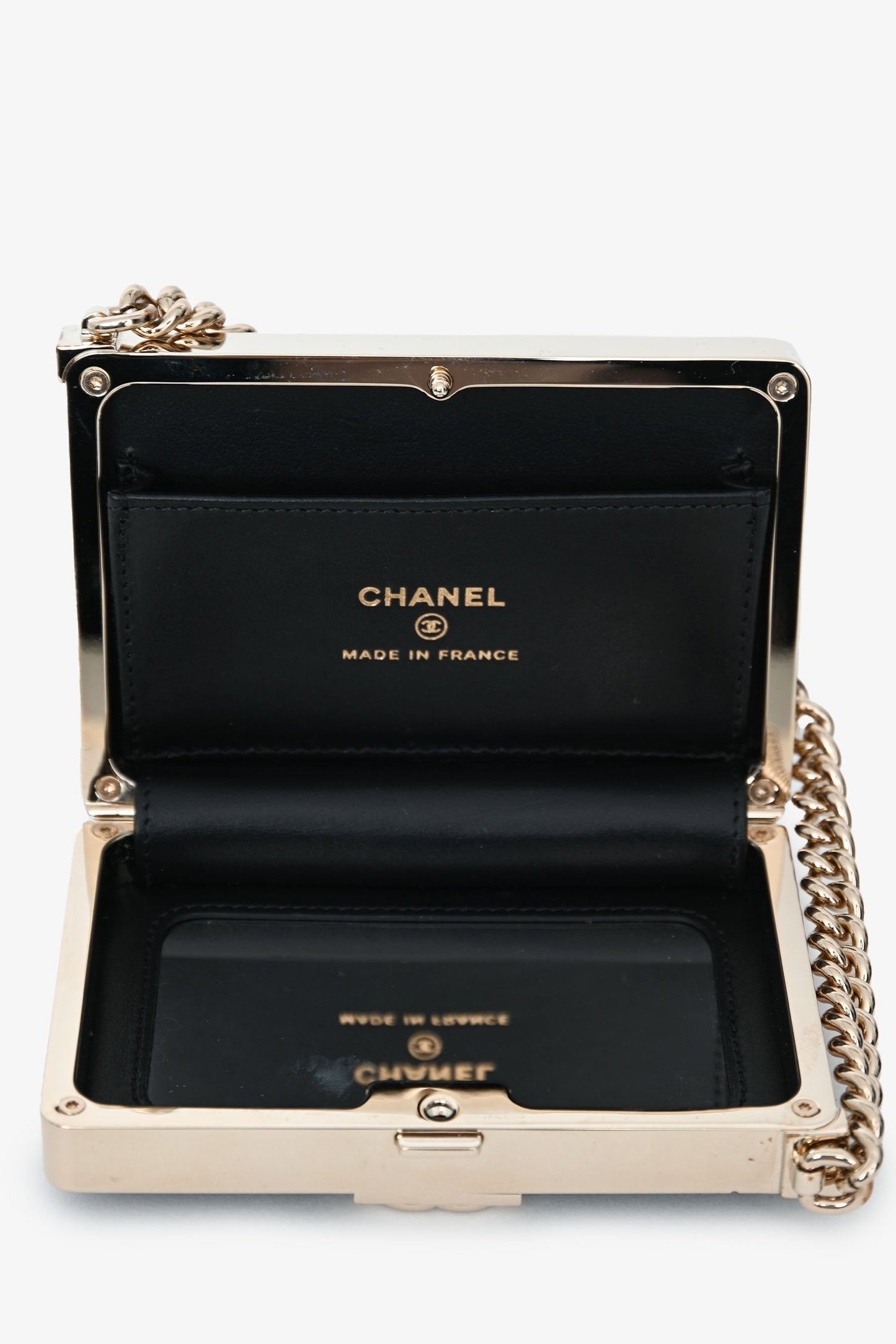 Chanel™ Black Patent Calfskin 'Minaudiere' Chain Box Boy Bag