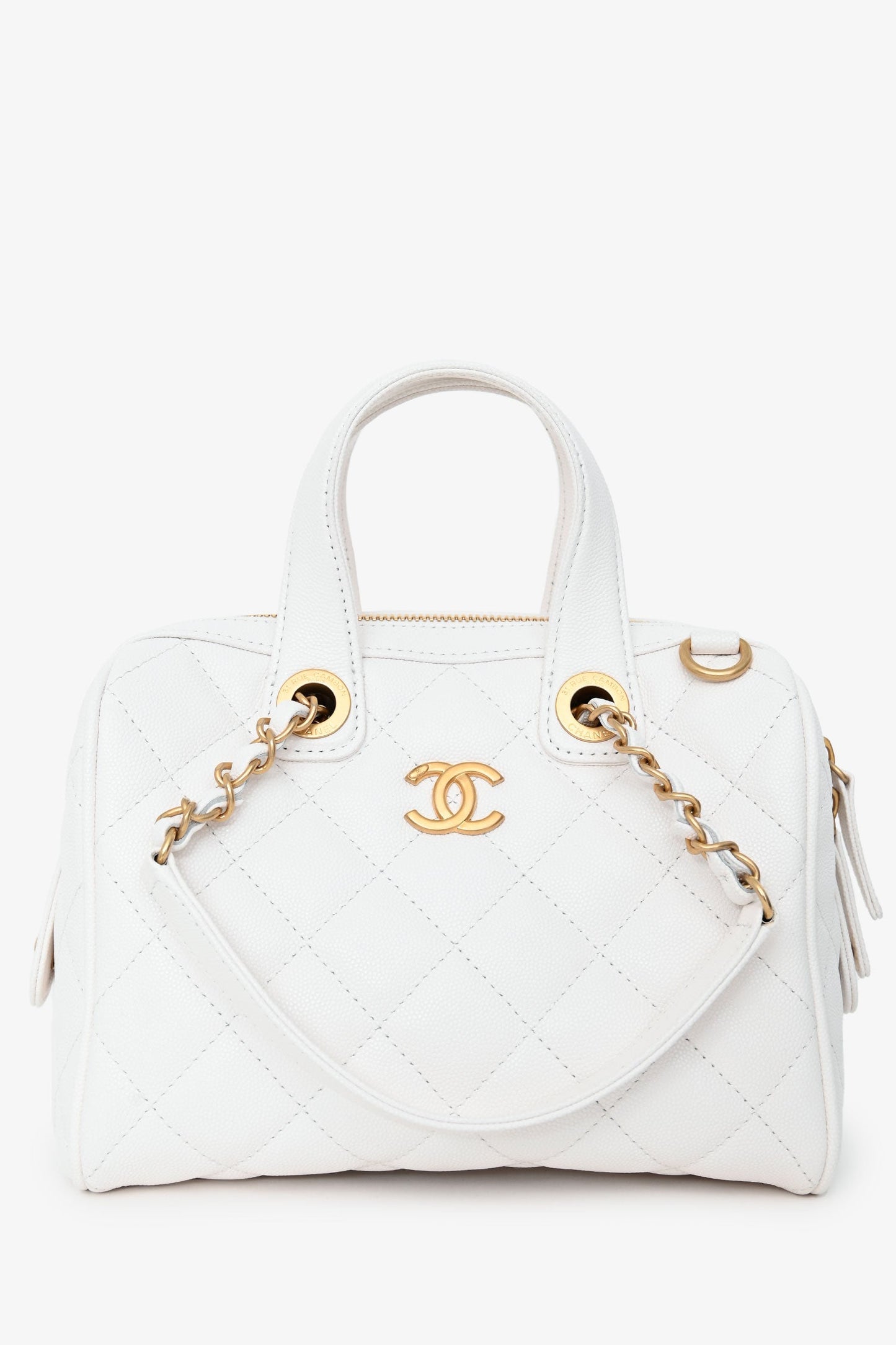 Chanel™ White Caviar Leather Bowling Bag with Gold Hardware