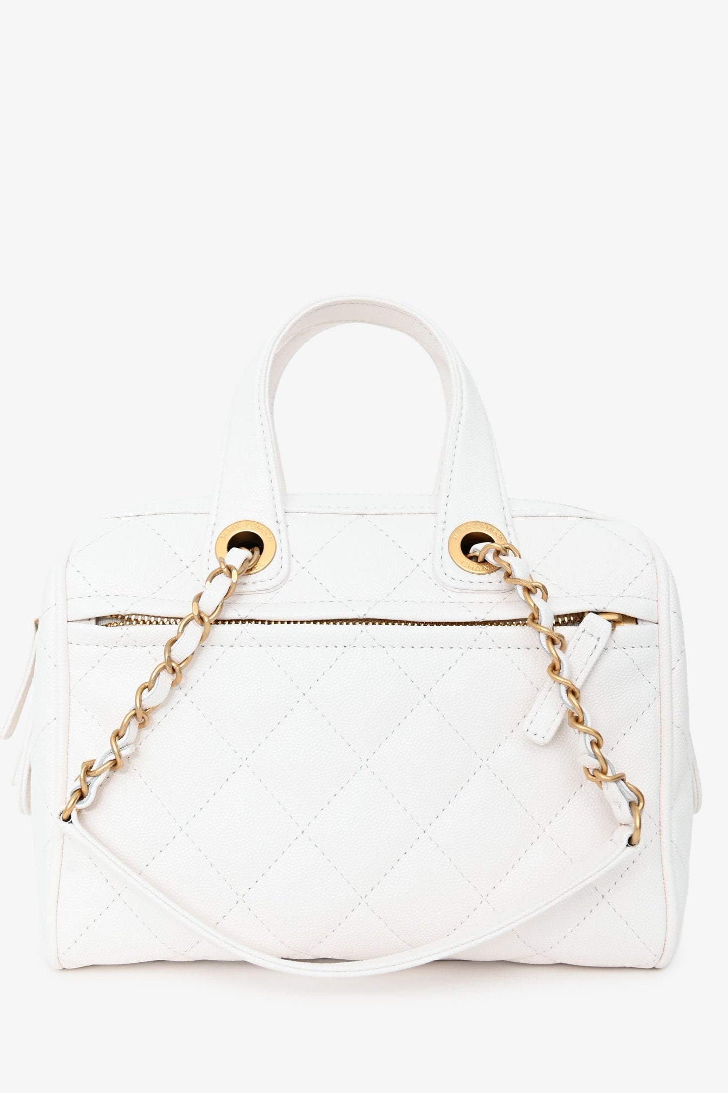 Chanel™ White Caviar Leather Bowling Bag with Gold Hardware