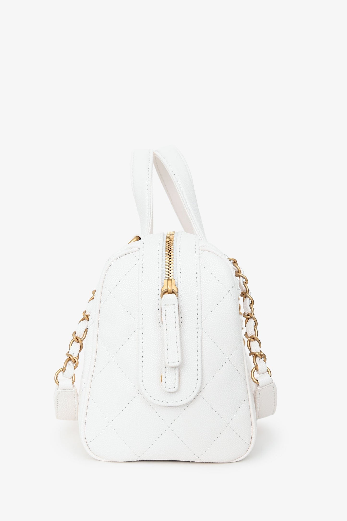 Chanel™ White Caviar Leather Bowling Bag with Gold Hardware