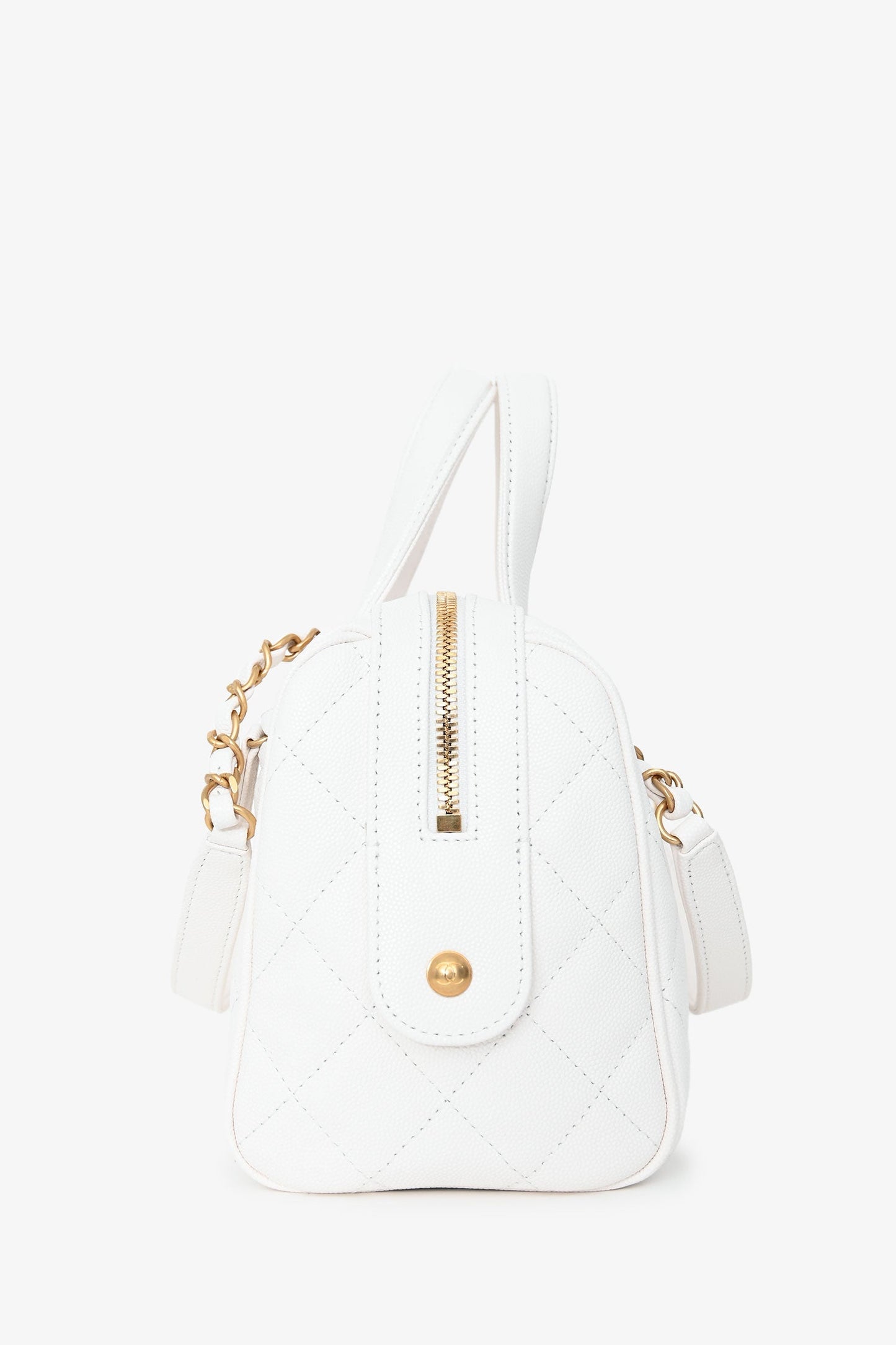 Chanel™ White Caviar Leather Bowling Bag with Gold Hardware