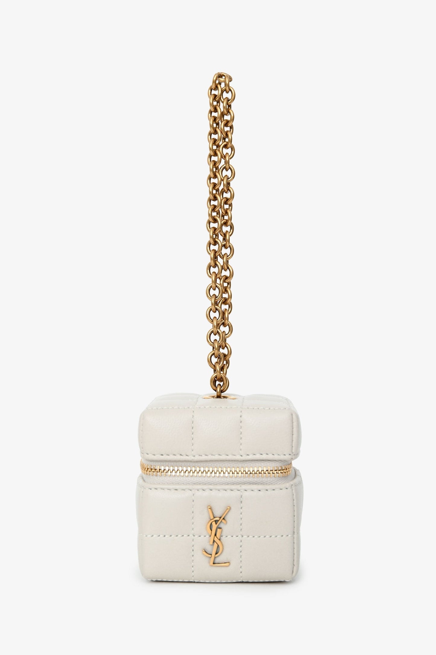 Saint Laurent White Lambskin Cassandre Matelasse Logo Cube Wristlet