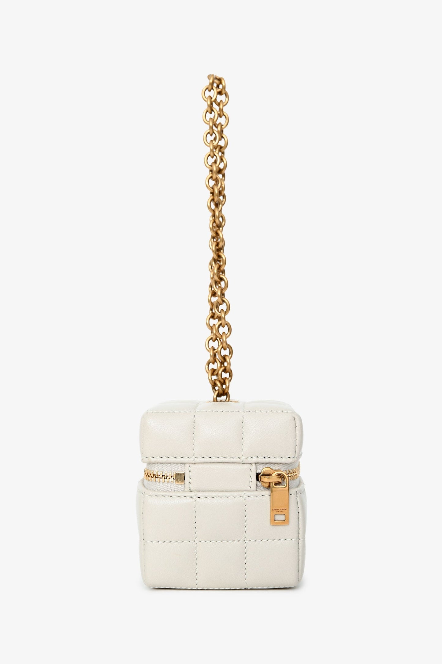 Saint Laurent White Lambskin Cassandre Matelasse Logo Cube Wristlet