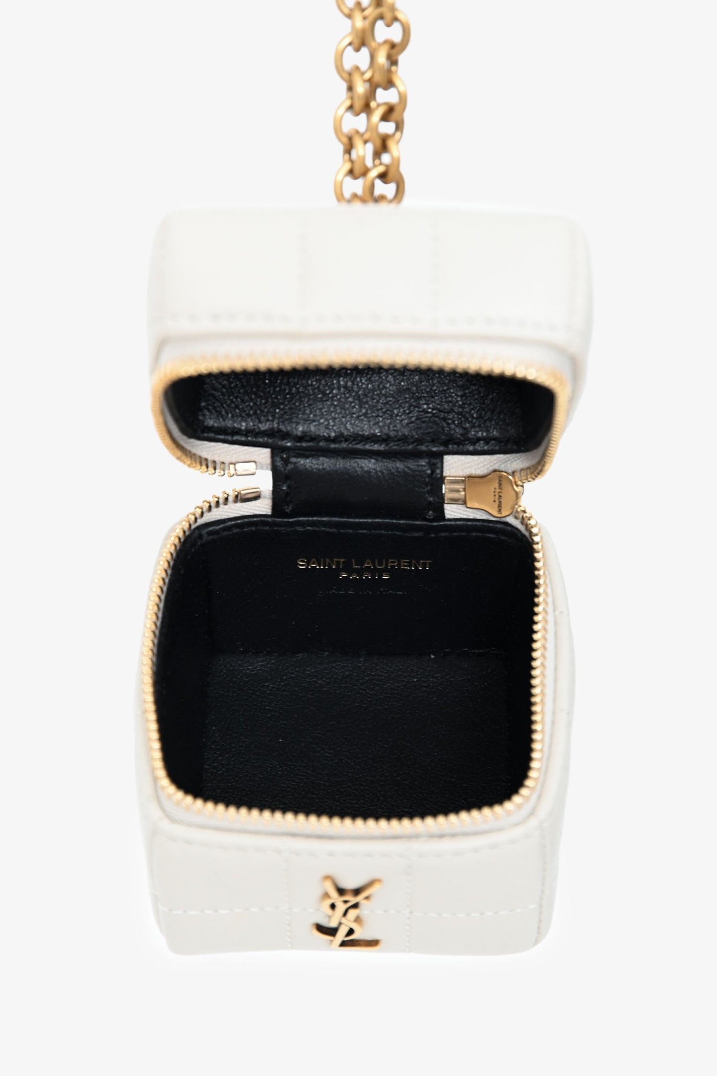Saint Laurent White Lambskin Cassandre Matelasse Logo Cube Wristlet