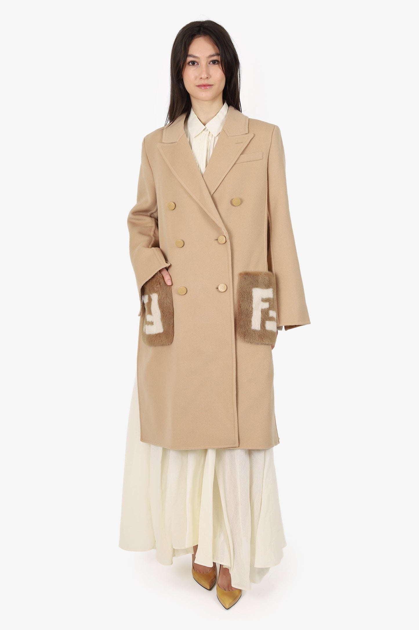 Fendi 2025 Beige Wool Mink FF Fur Pocket Coat Size 40