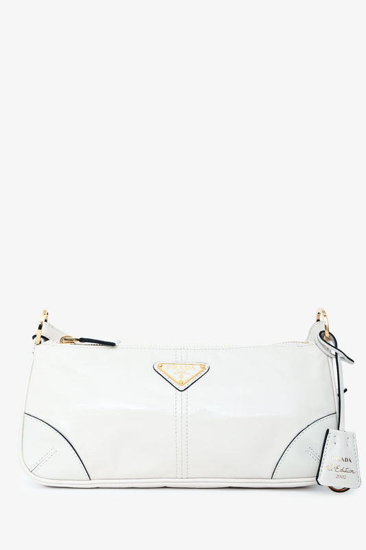 Prada White Leather 'Re-Edition 2002' Medium Shoulder Bag with Chain