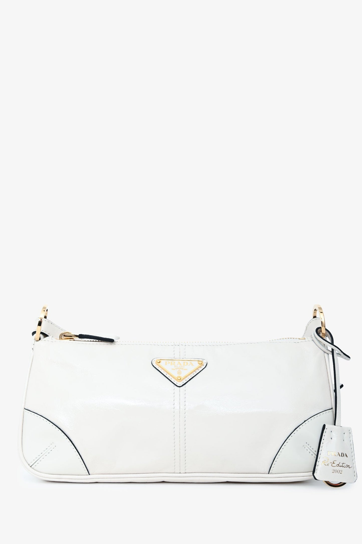 Prada White Leather 'Re-Edition 2002' Medium Shoulder Bag with Chain