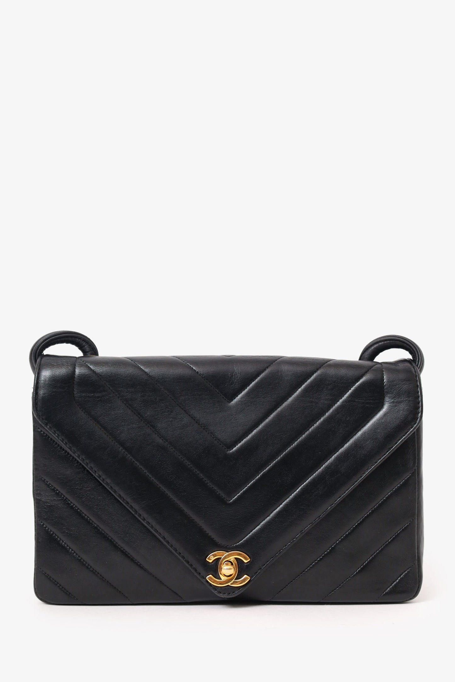 Chanel™ 1991-94 Black Chevron Leather Medium Envelope Flap Bag