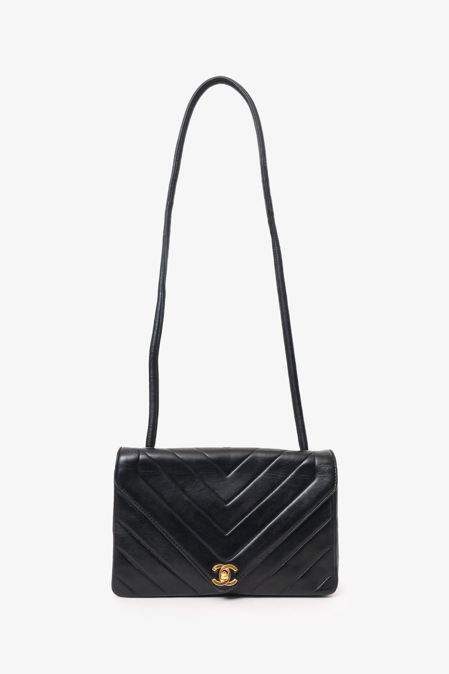 Chanel™ 1991-94 Black Chevron Leather Medium Envelope Flap Bag