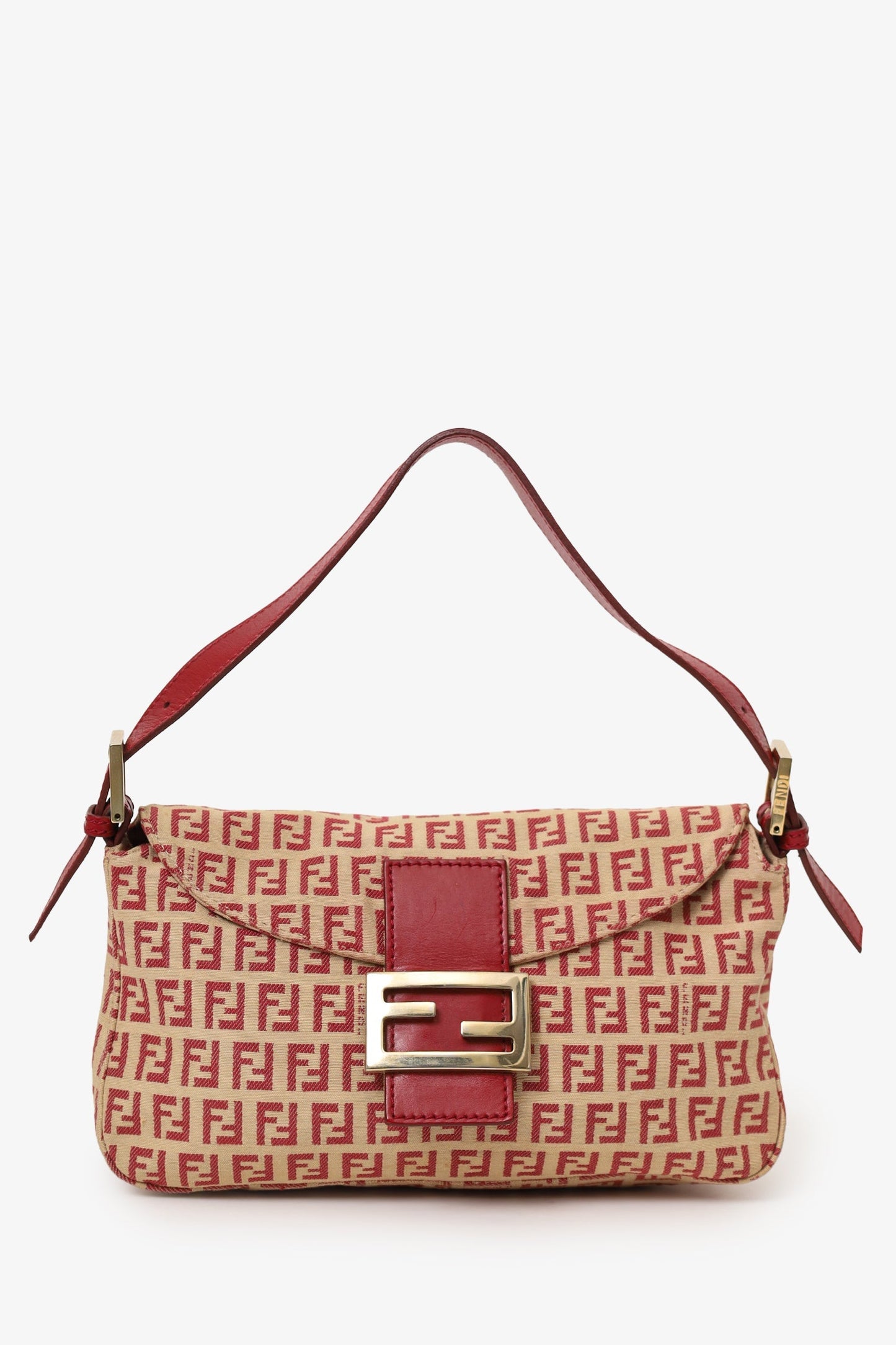 Fendi Red/Beige FF Zucca Canvas Double Flap Baguette Shoulder Bag